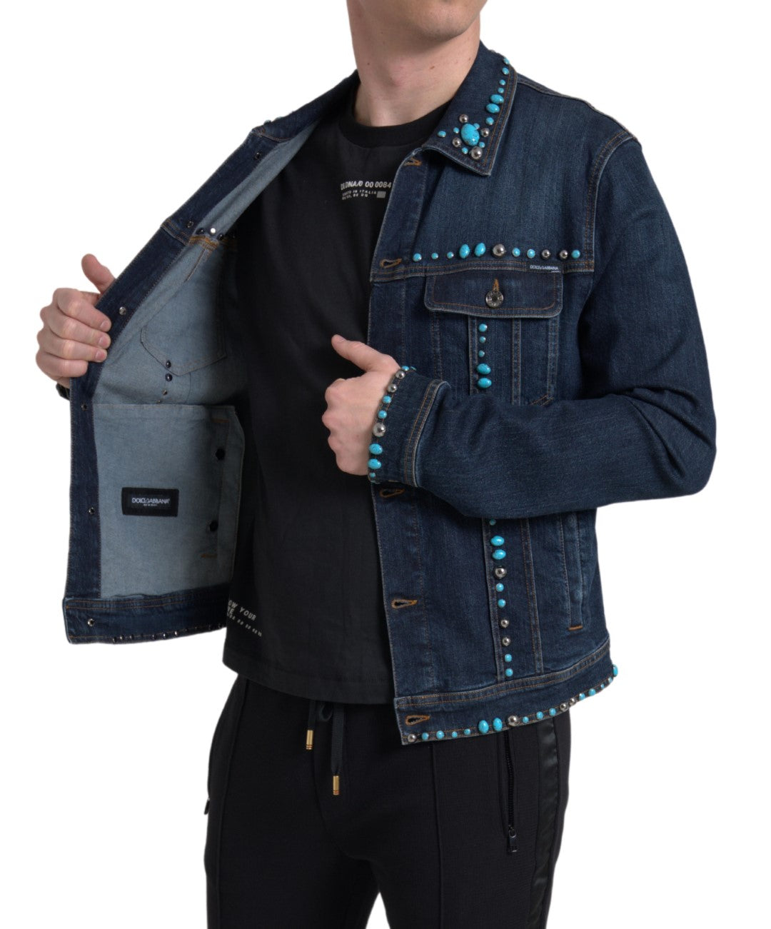 Dolce & Gabbana blue denim jacket with turquoise stones and studs-4