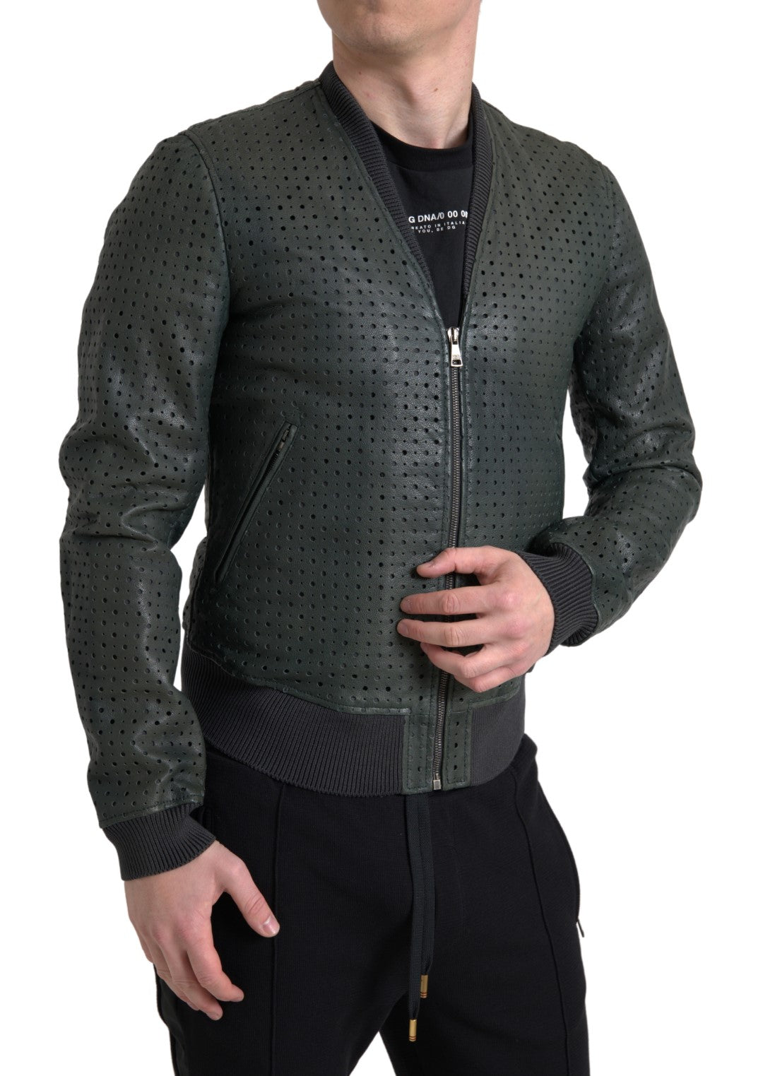 Dolce & Gabbana Green Leather Bomber Jacket with Perforation