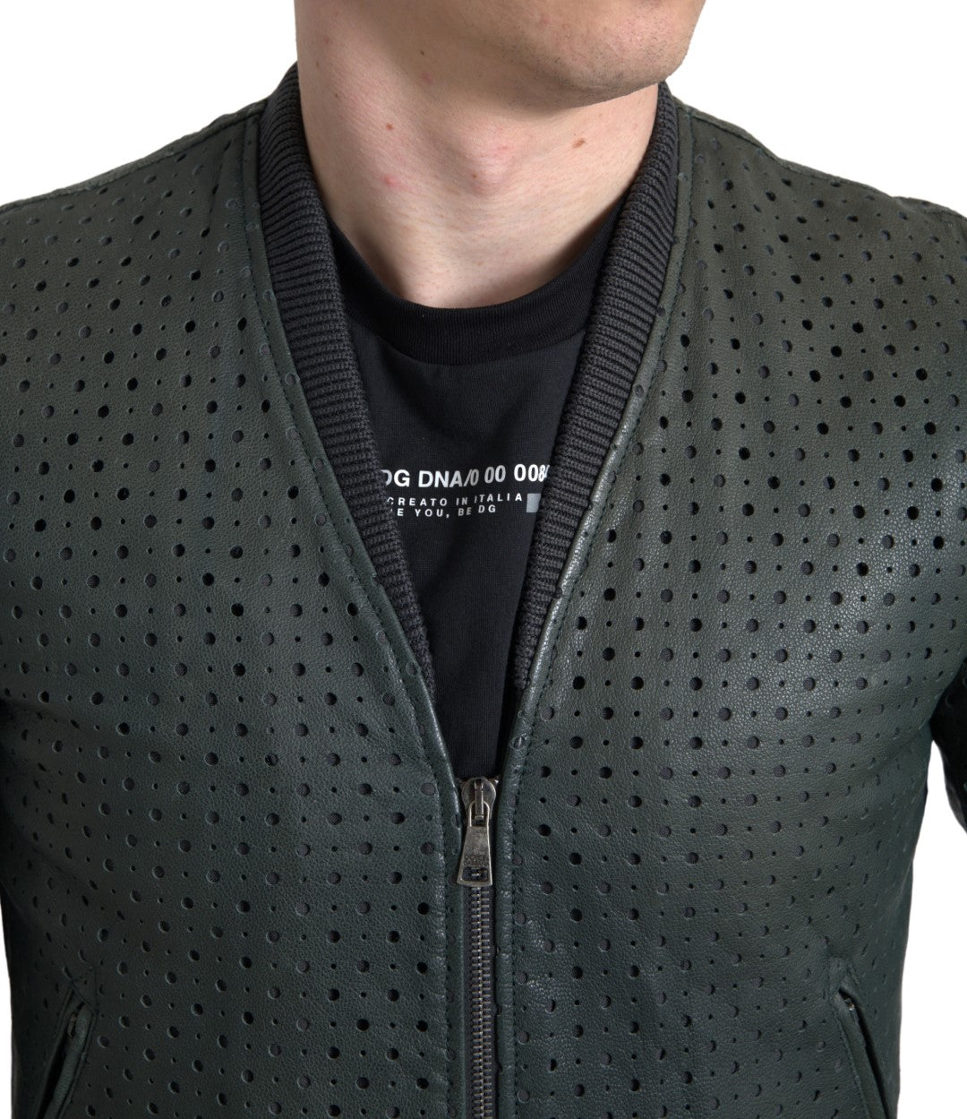 Dolce & Gabbana Green Leather Bomber Jacket with Perforation-2