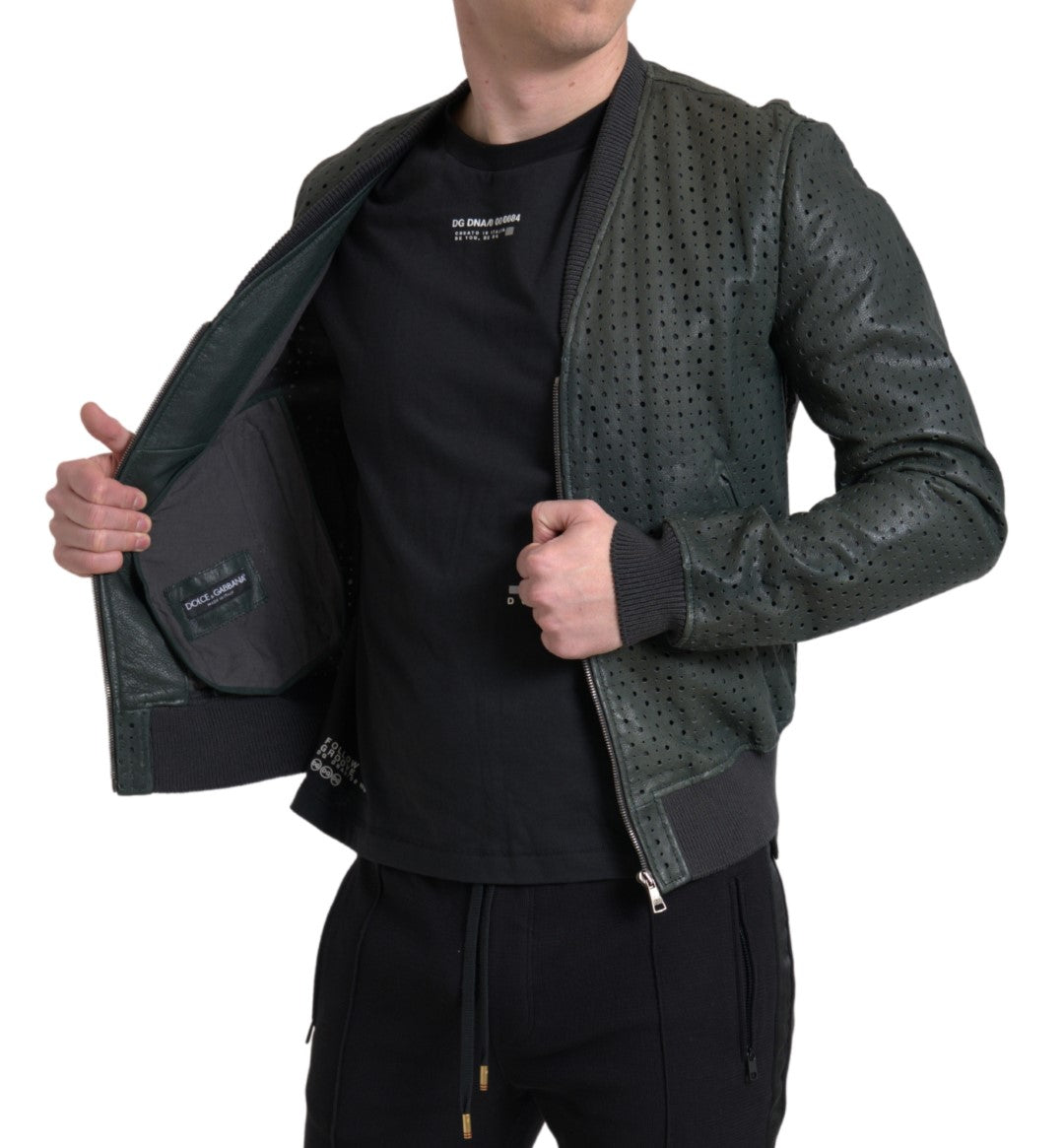 Dolce & Gabbana Green Leather Bomber Jacket with Perforation-7