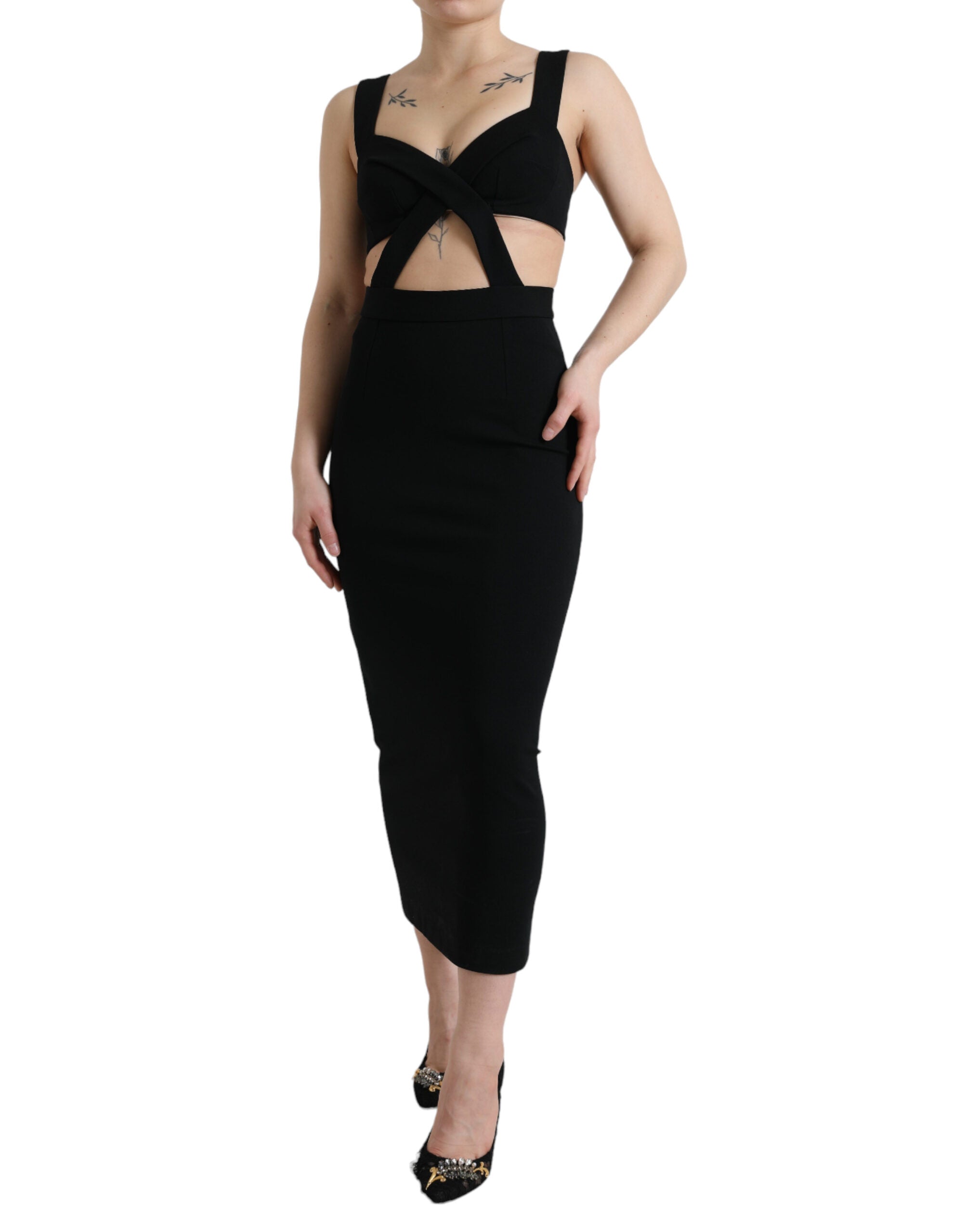 Dolce & Gabbana Schwarzes ausgeschnittenes ärmelloses Bodycon Midikleid-1