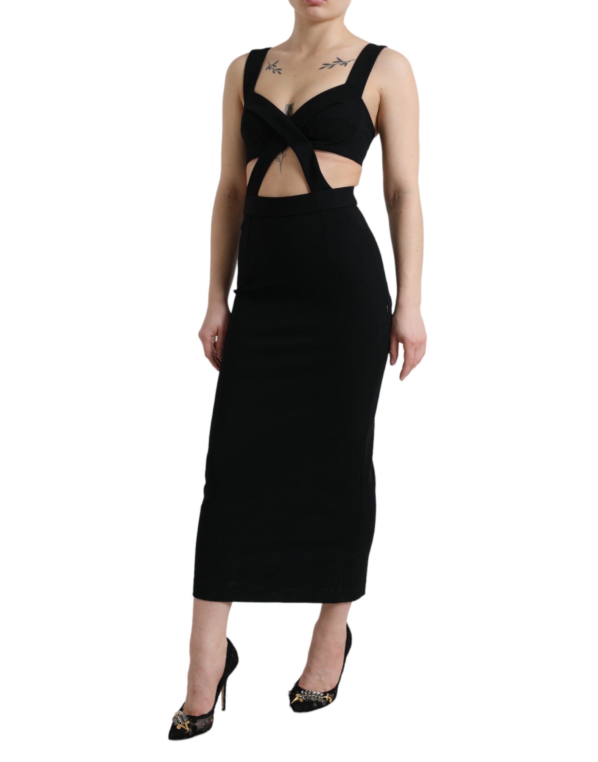 Dolce & Gabbana Schwarzes ausgeschnittenes ärmelloses Bodycon Midikleid-2