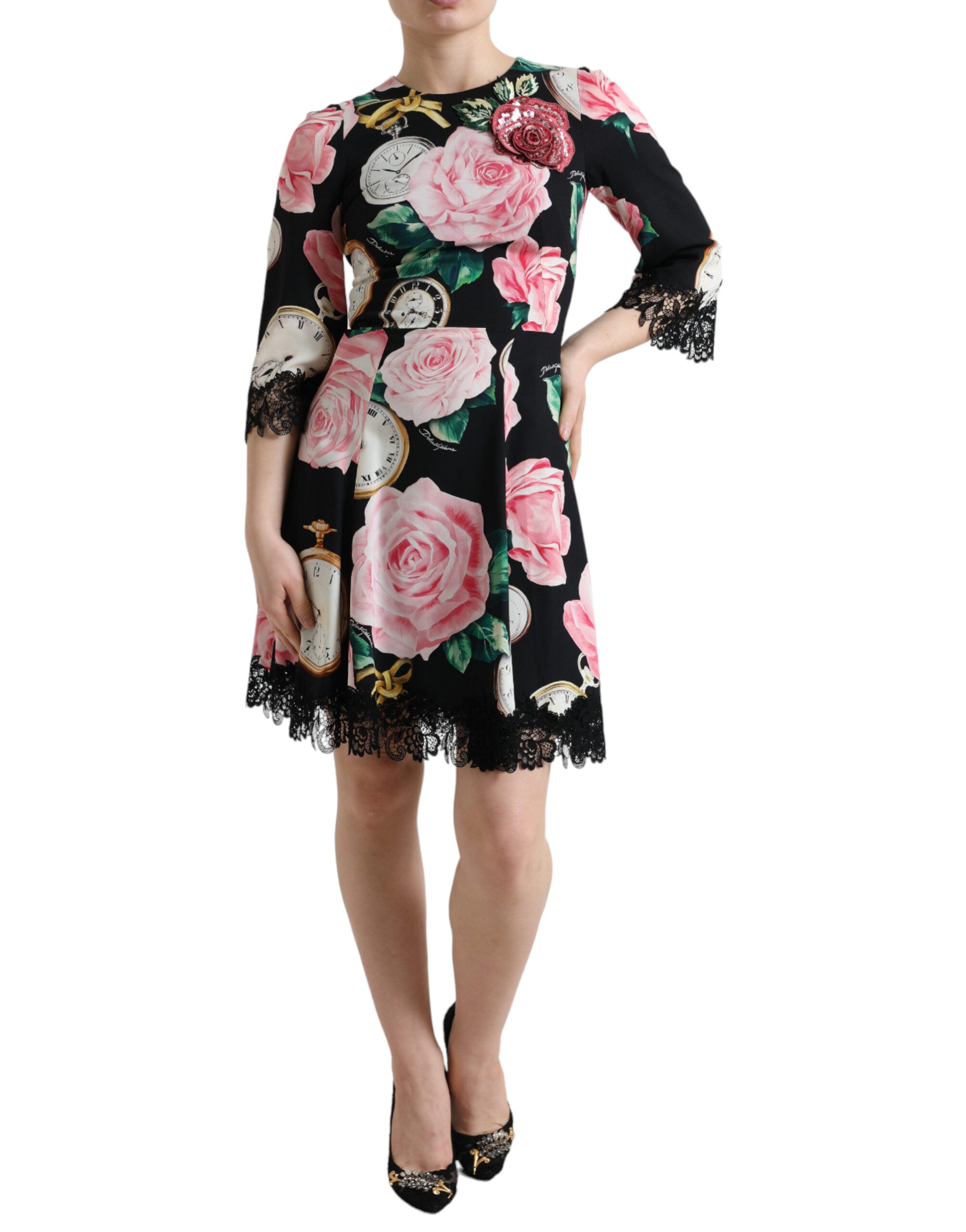 Dolce & Gabbana Schwarzes Kleid mit floraler Verzierung aus Spitze in A-Linie-1