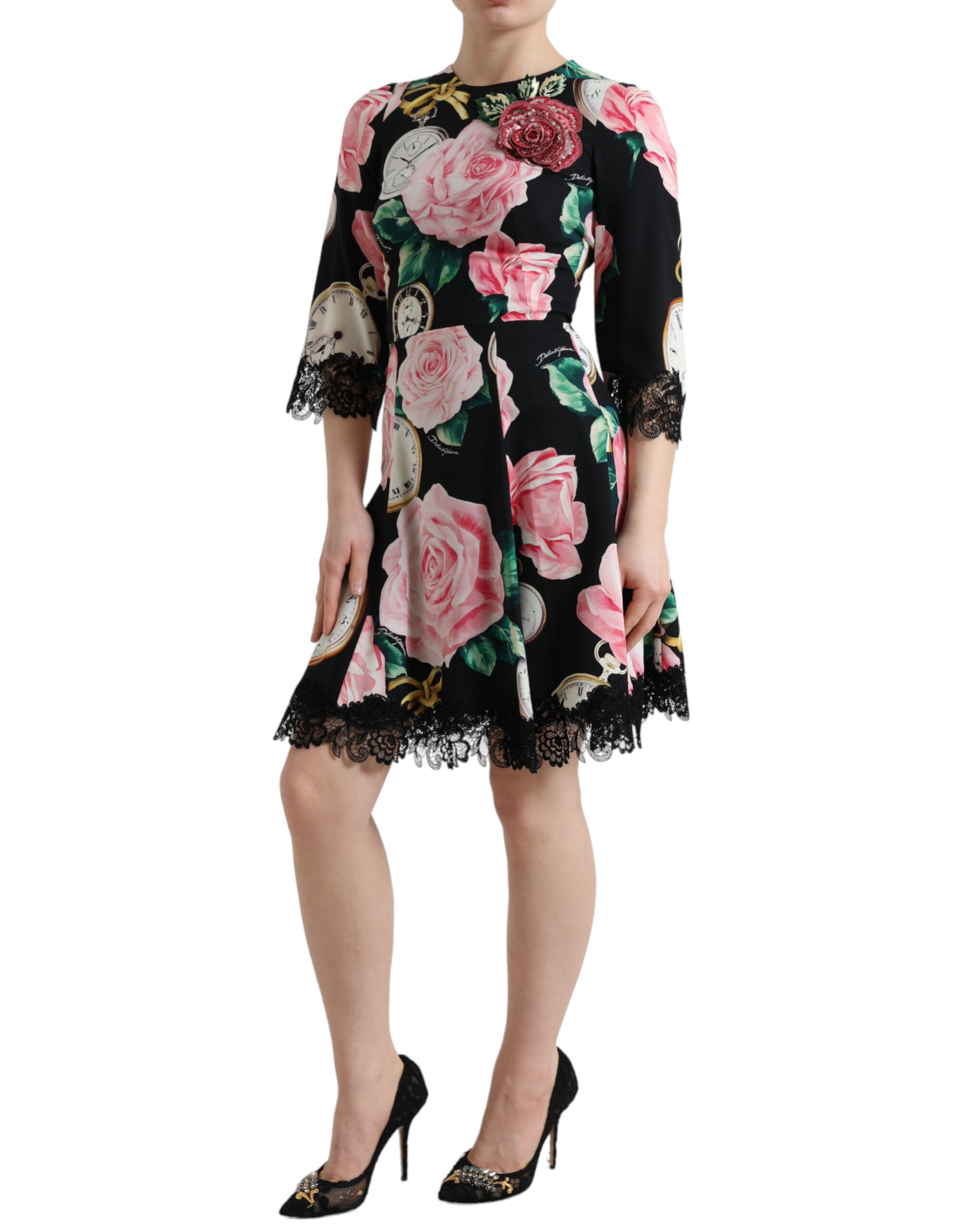 Dolce & Gabbana Schwarzes Kleid mit floraler Verzierung aus Spitze in A-Linie-2