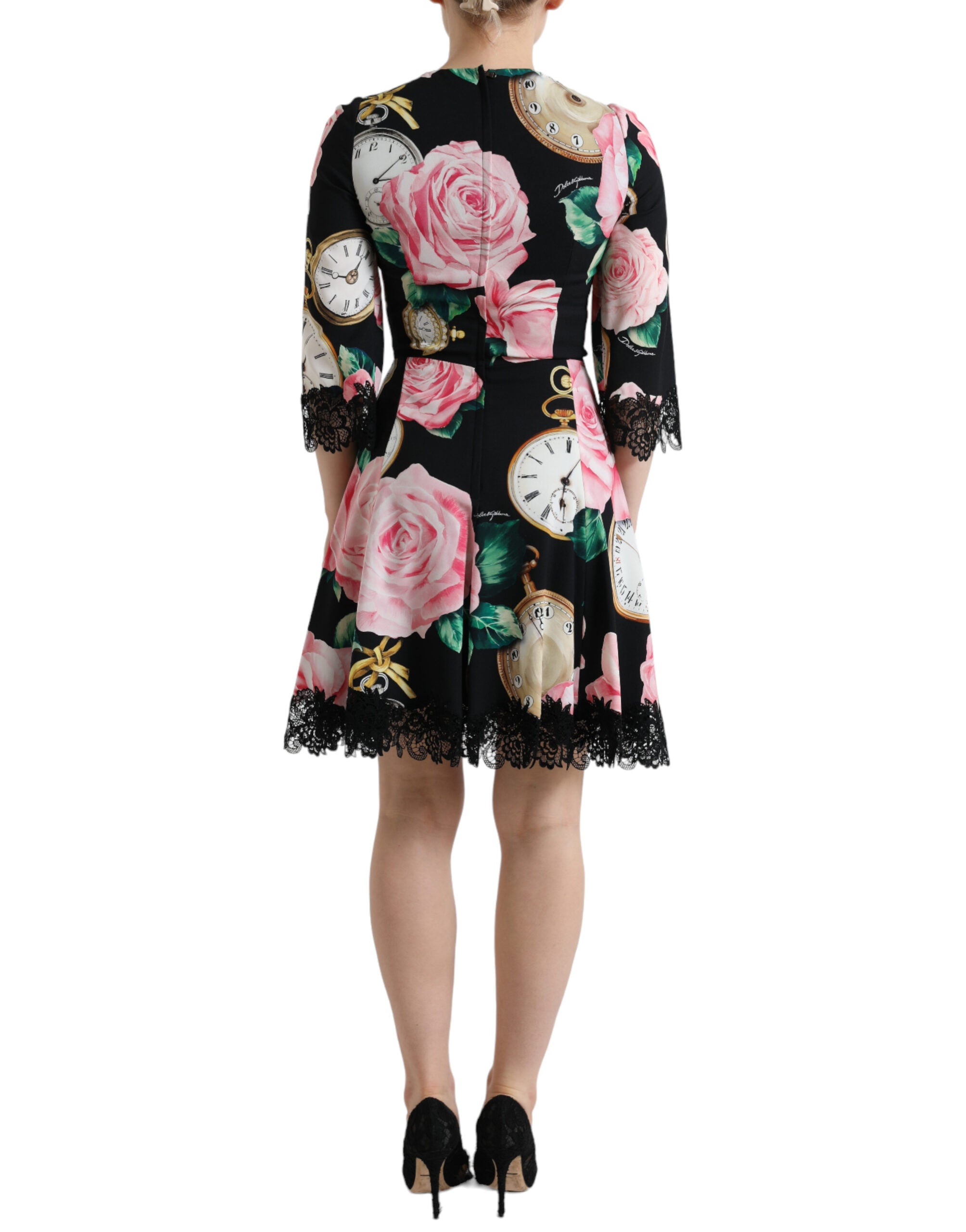 Dolce & Gabbana Schwarzes Kleid mit floraler Verzierung aus Spitze in A-Linie-3