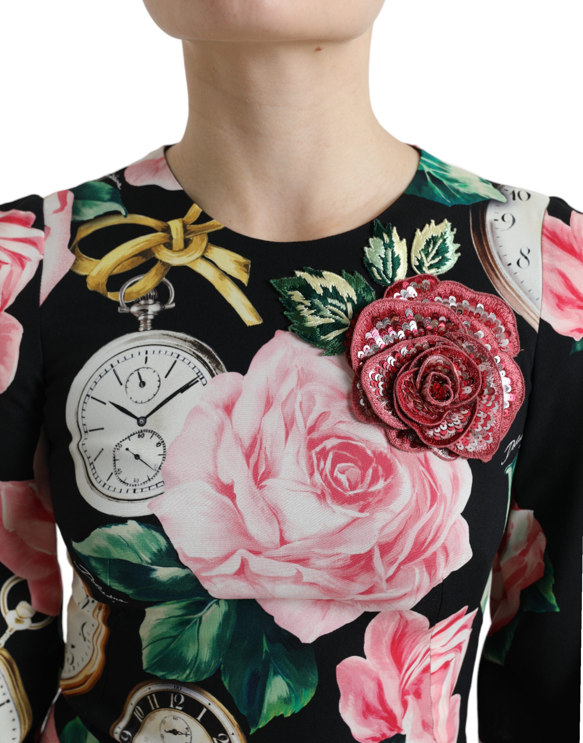 Dolce & Gabbana Schwarzes Kleid mit floraler Verzierung aus Spitze in A-Linie-4