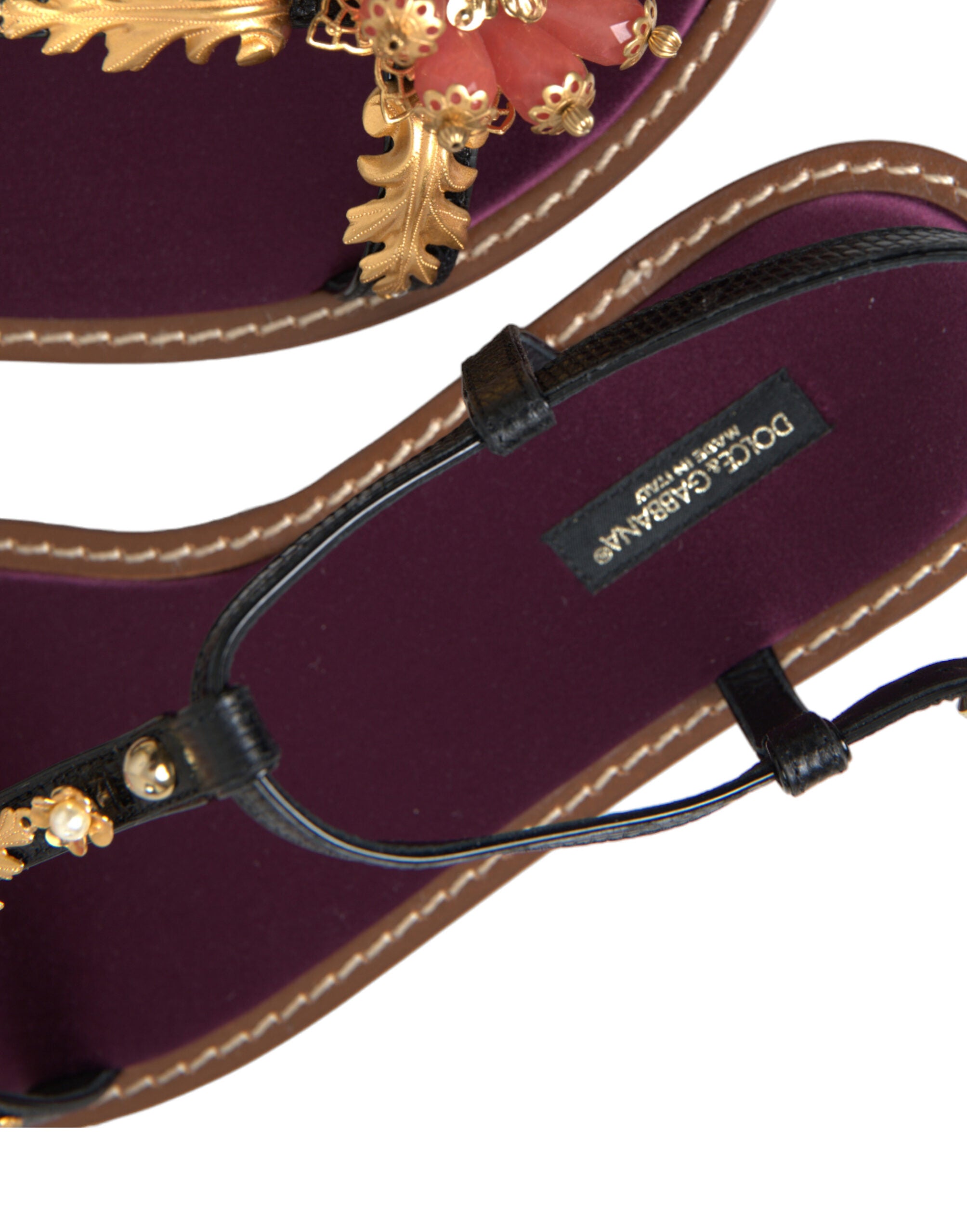 Dolce & Gabbana Black Crystal Gold Sandals Leather Shoes-8