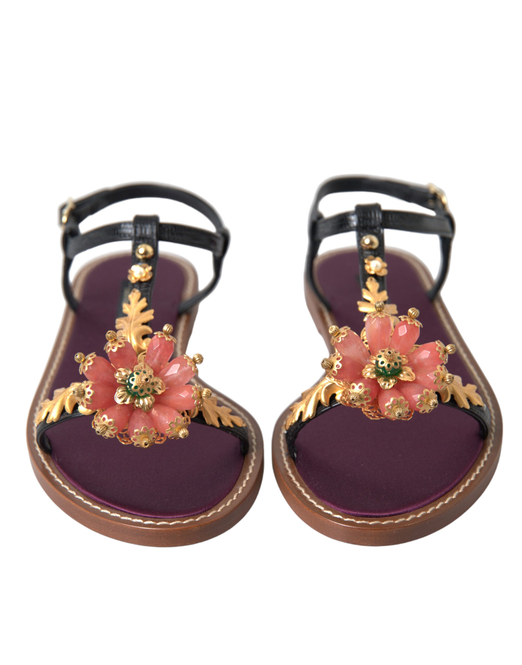 Dolce & Gabbana Black Crystal Gold Sandals Leather Shoes-2