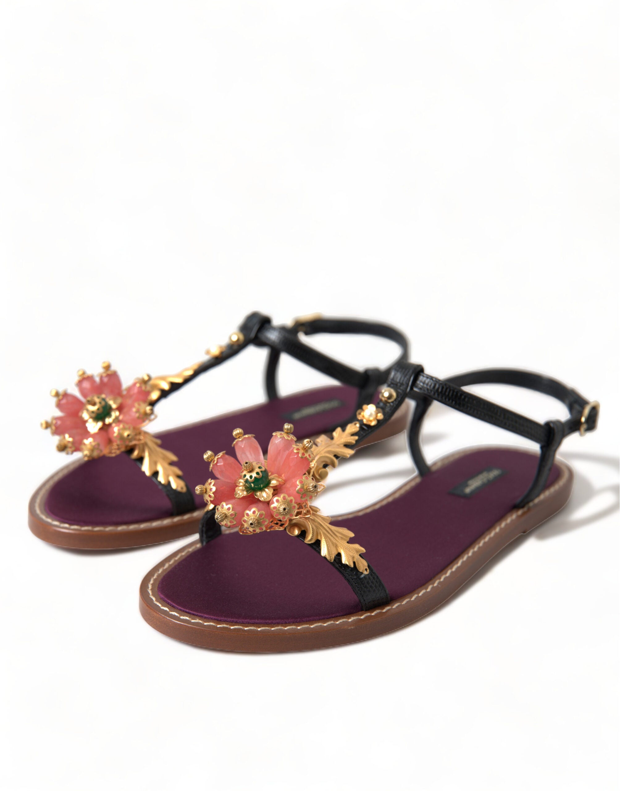 Dolce & Gabbana Black Crystal Gold Sandals Leather Shoes-3
