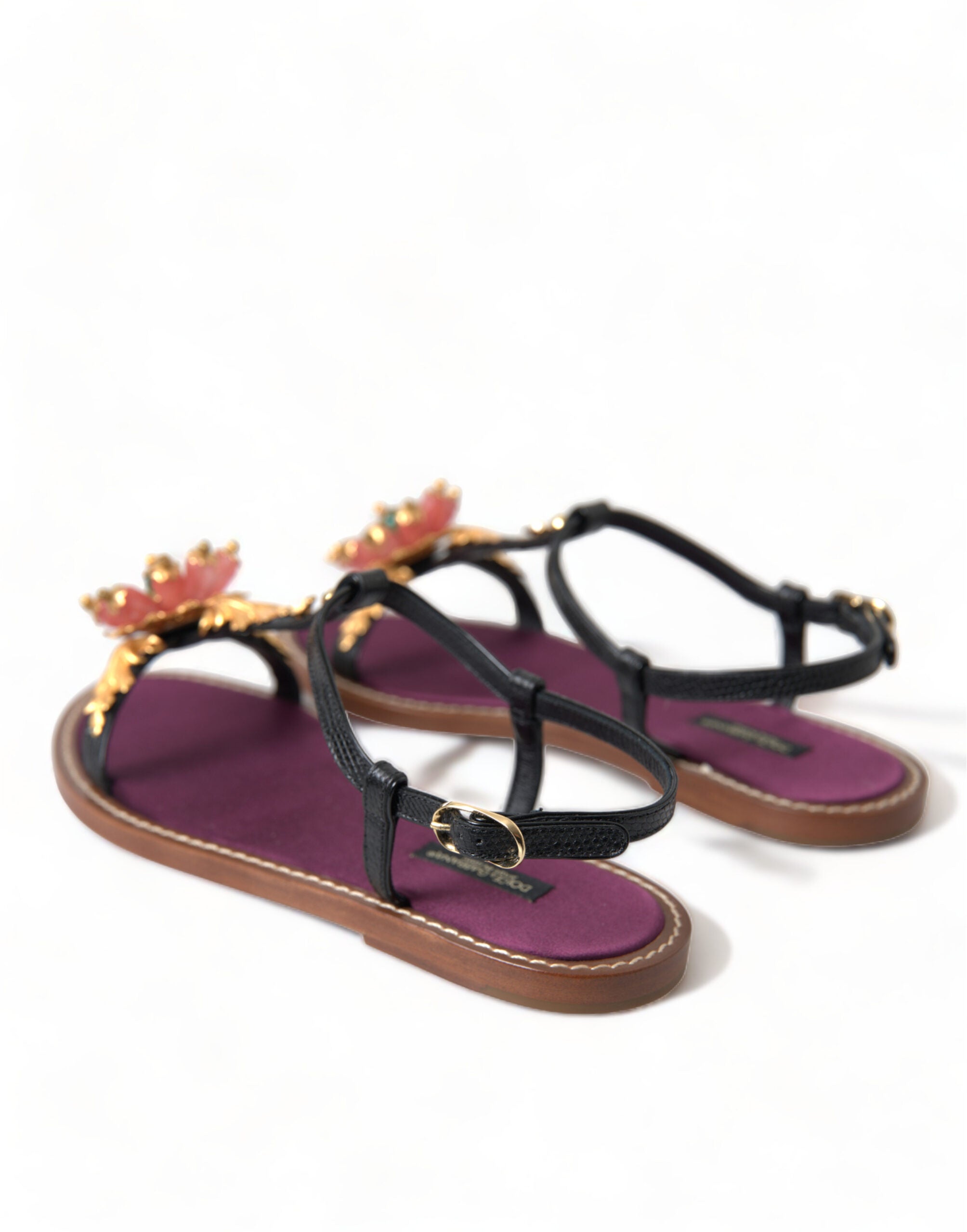 Dolce & Gabbana Black Crystal Gold Sandals Leather Shoes-4