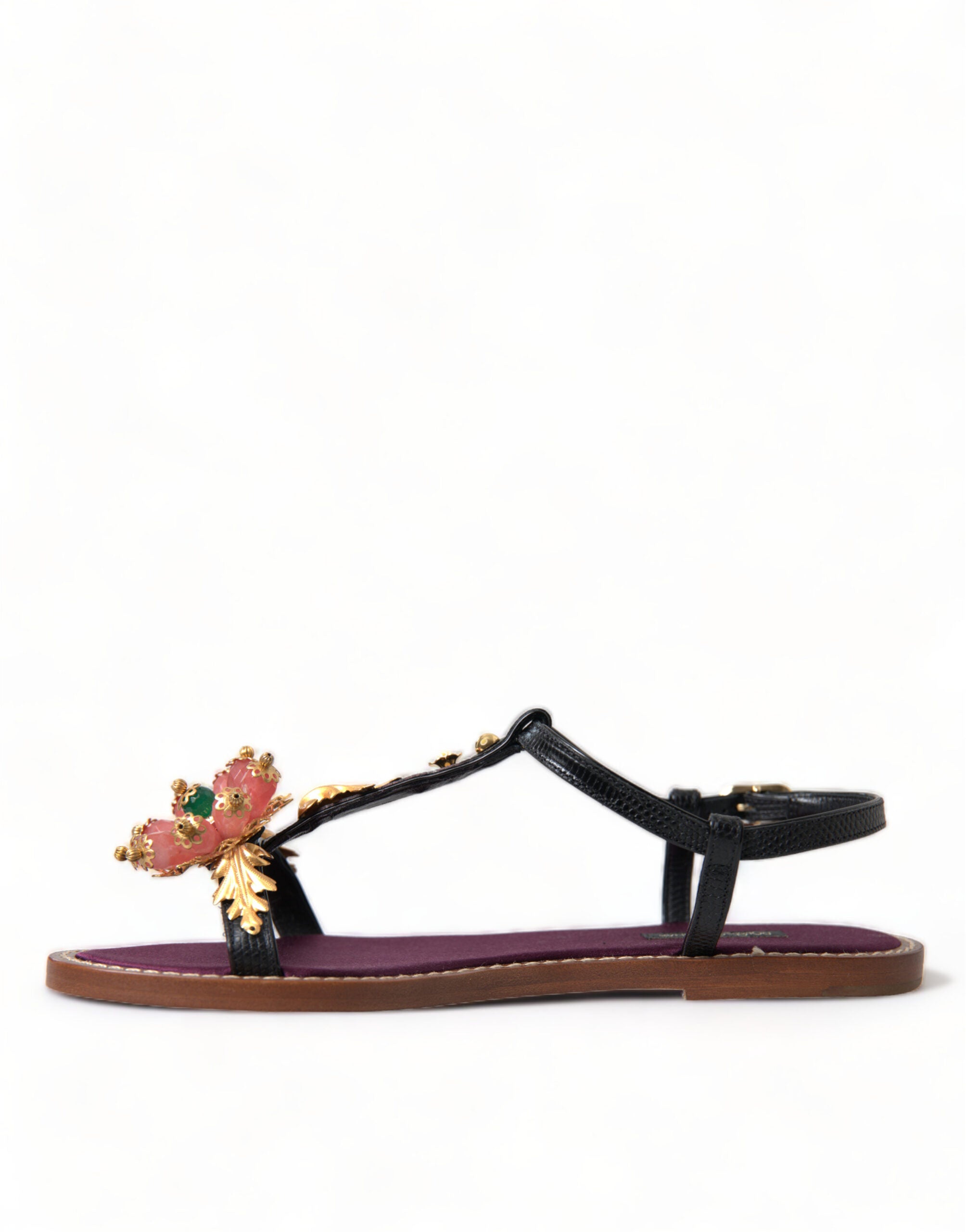 Dolce & Gabbana Black Crystal Gold Sandals Leather Shoes-5