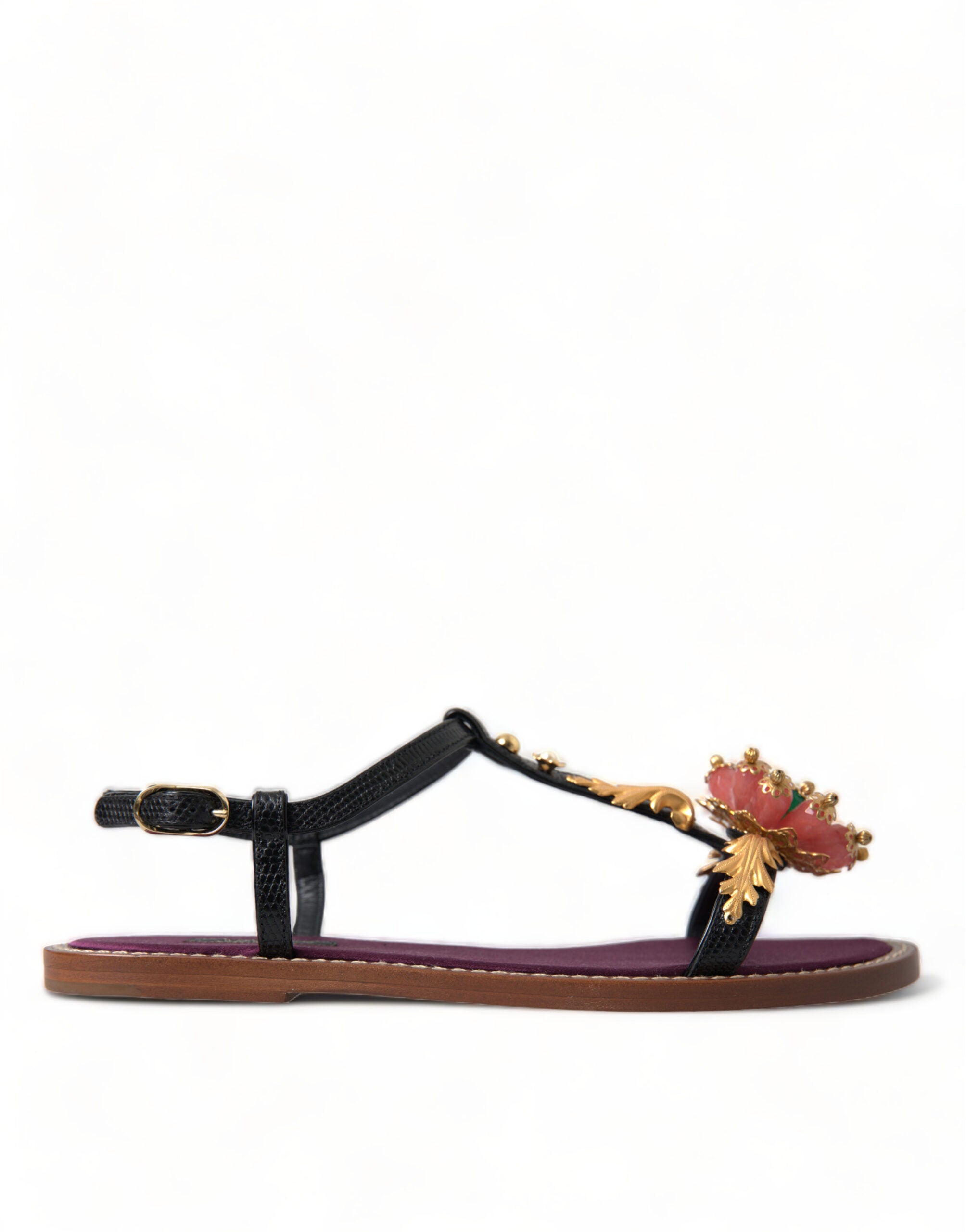 Dolce & Gabbana Black Crystal Gold Sandals Leather Shoes-1