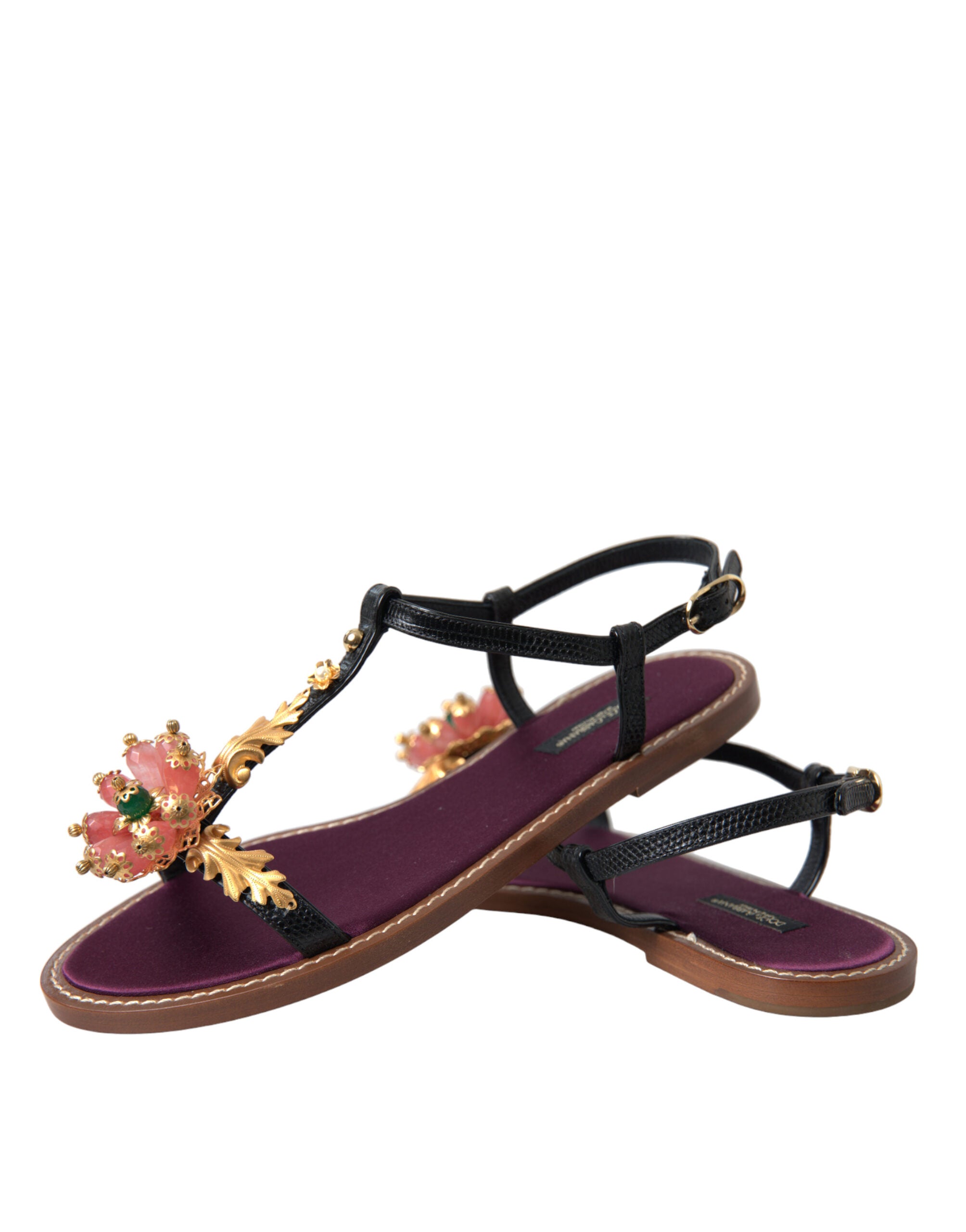 Dolce & Gabbana Black Crystal Gold Sandals Leather Shoes-6