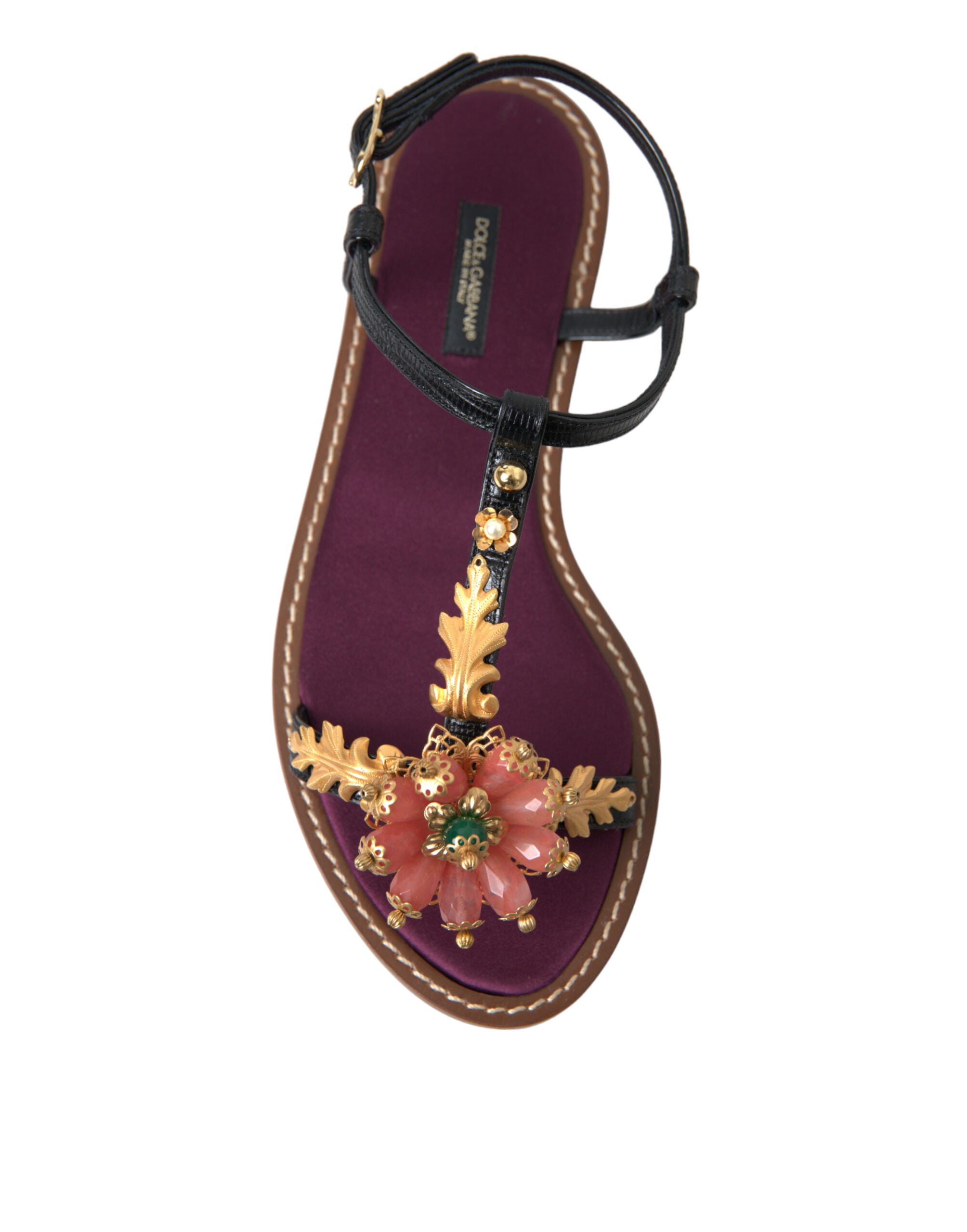 Dolce & Gabbana Black Crystal Gold Sandals Leather Shoes-7