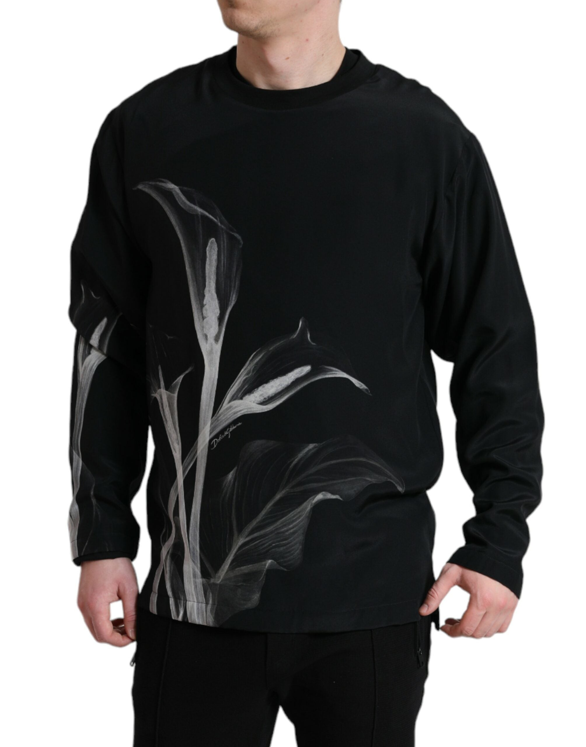 Dolce & Gabbana Black floral print sweater with round neck-1