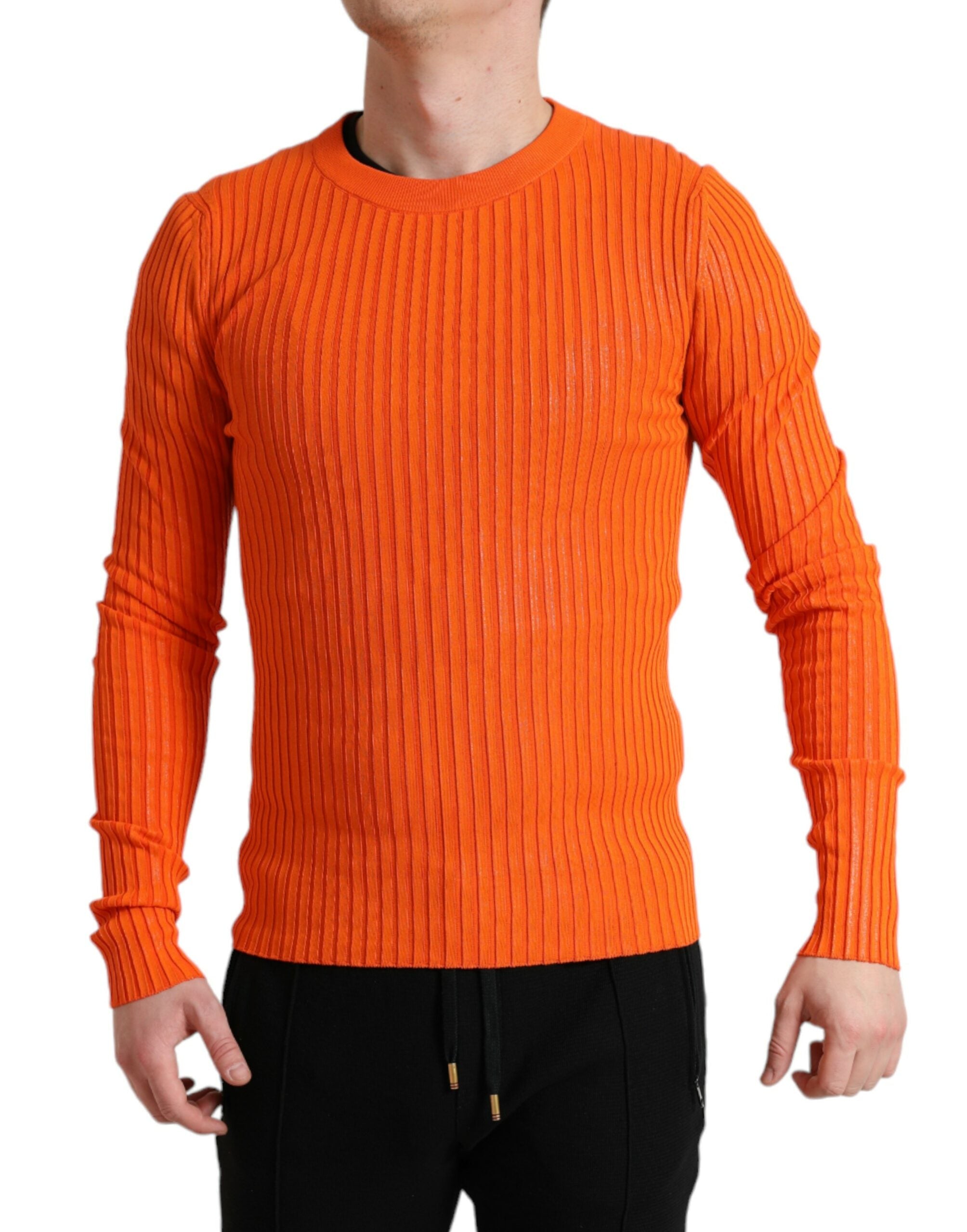Dolce & Gabbana Orange knitted men's pullover with round neck-2