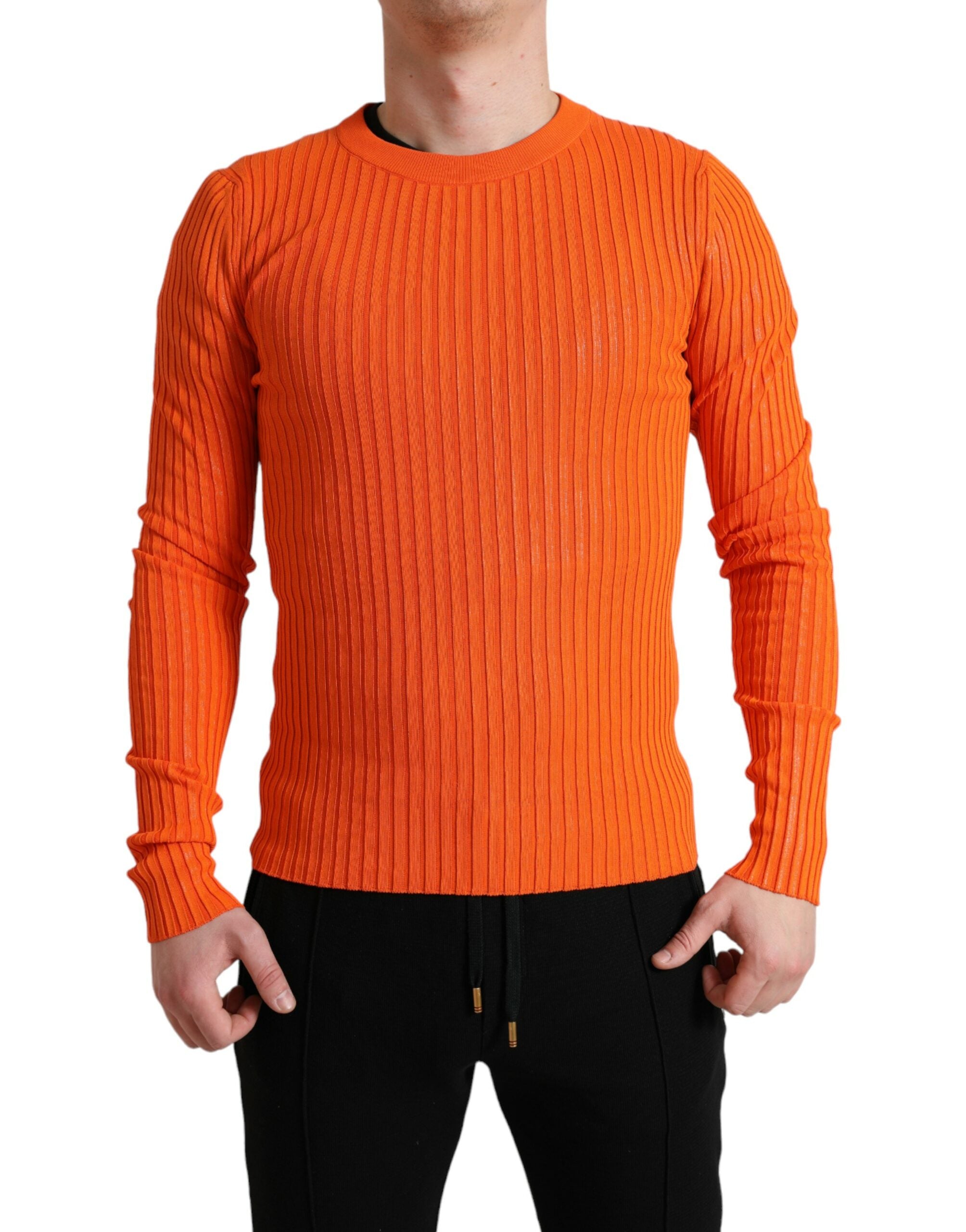 Dolce & Gabbana Orange knitted men's pullover with round neck-1