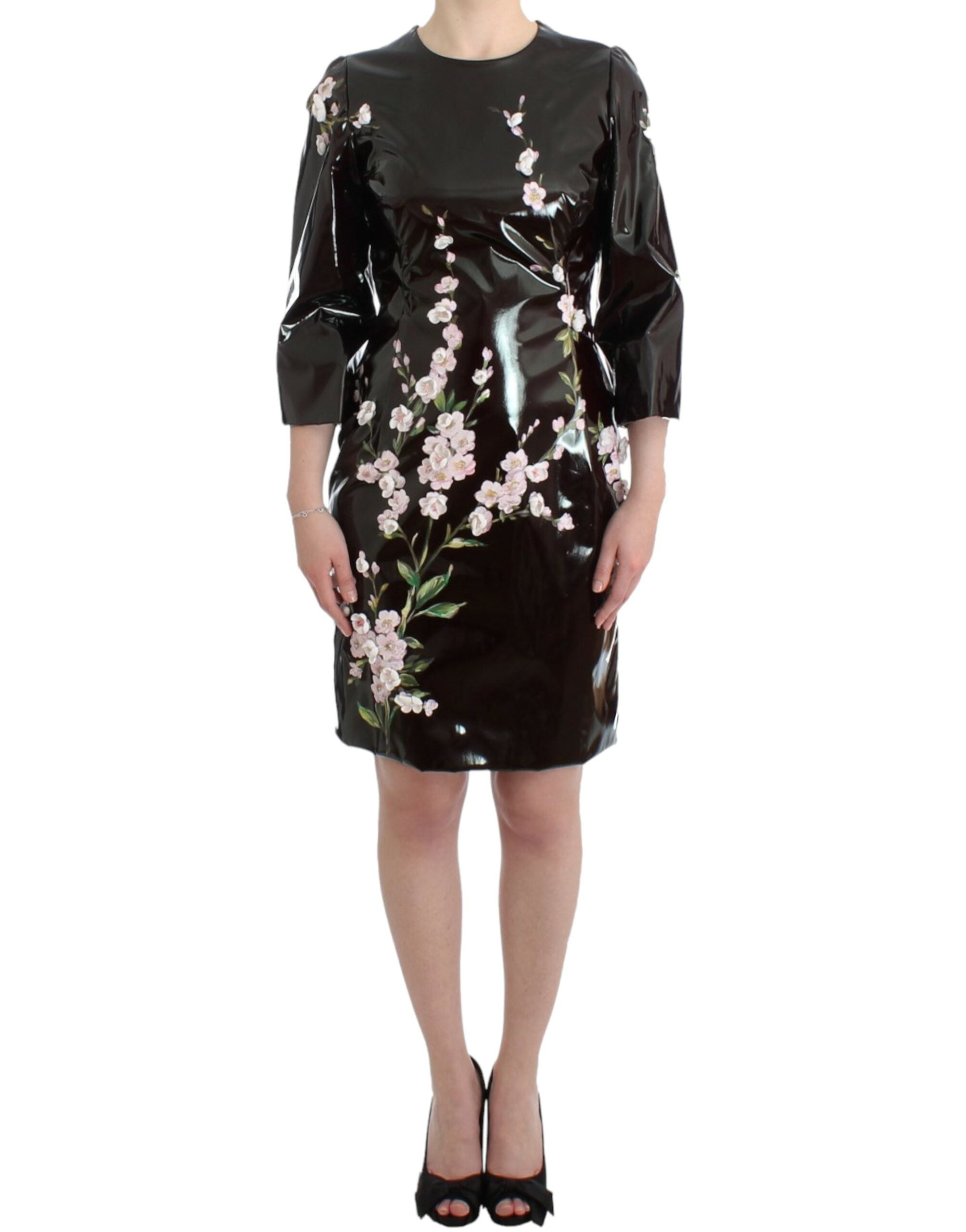 Dolce & Gabbana Black patent leather dress with flowers HANDPAINTED-1