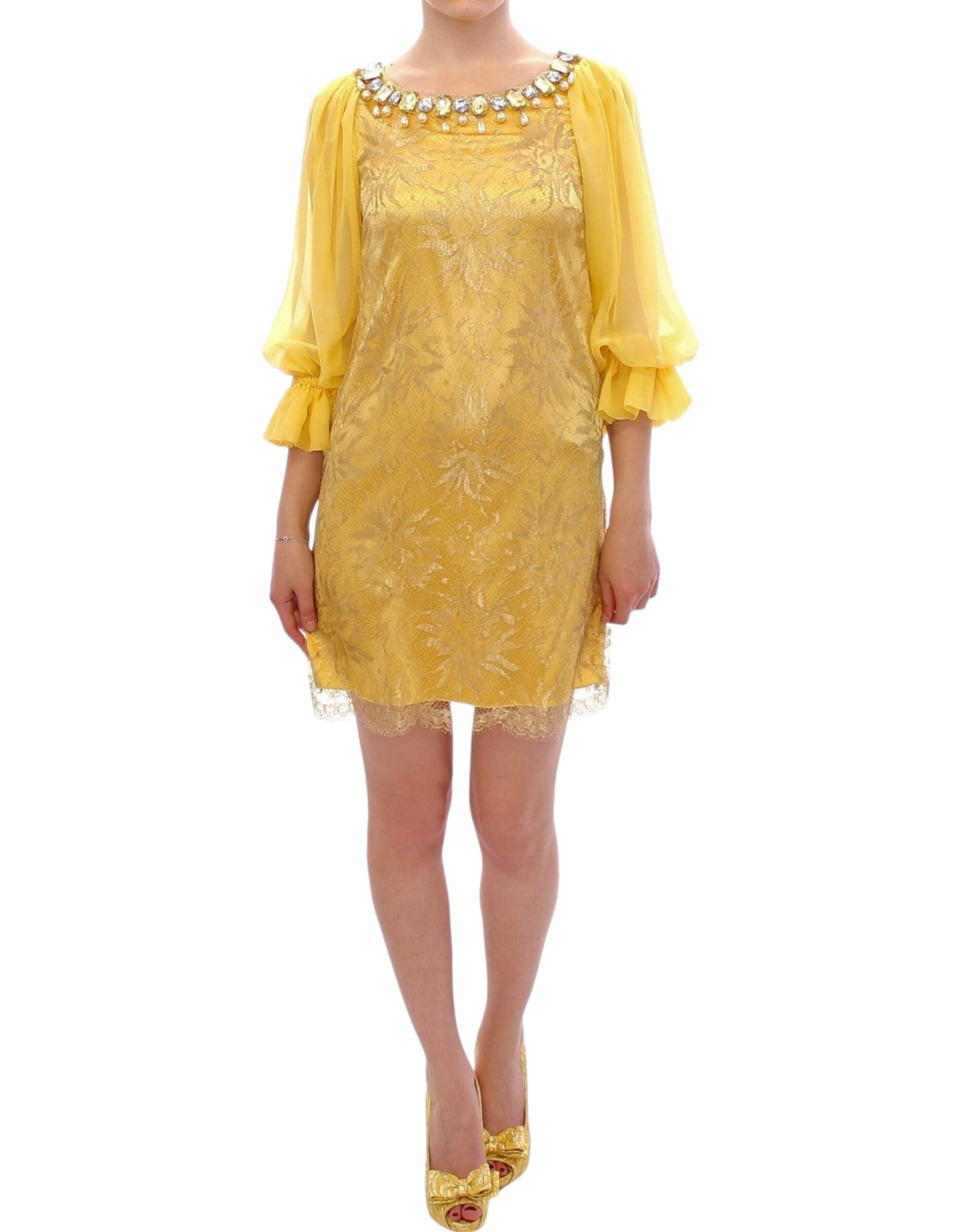 Minivestido de encaje amarillo con cristales de Dolce & Gabbana-1