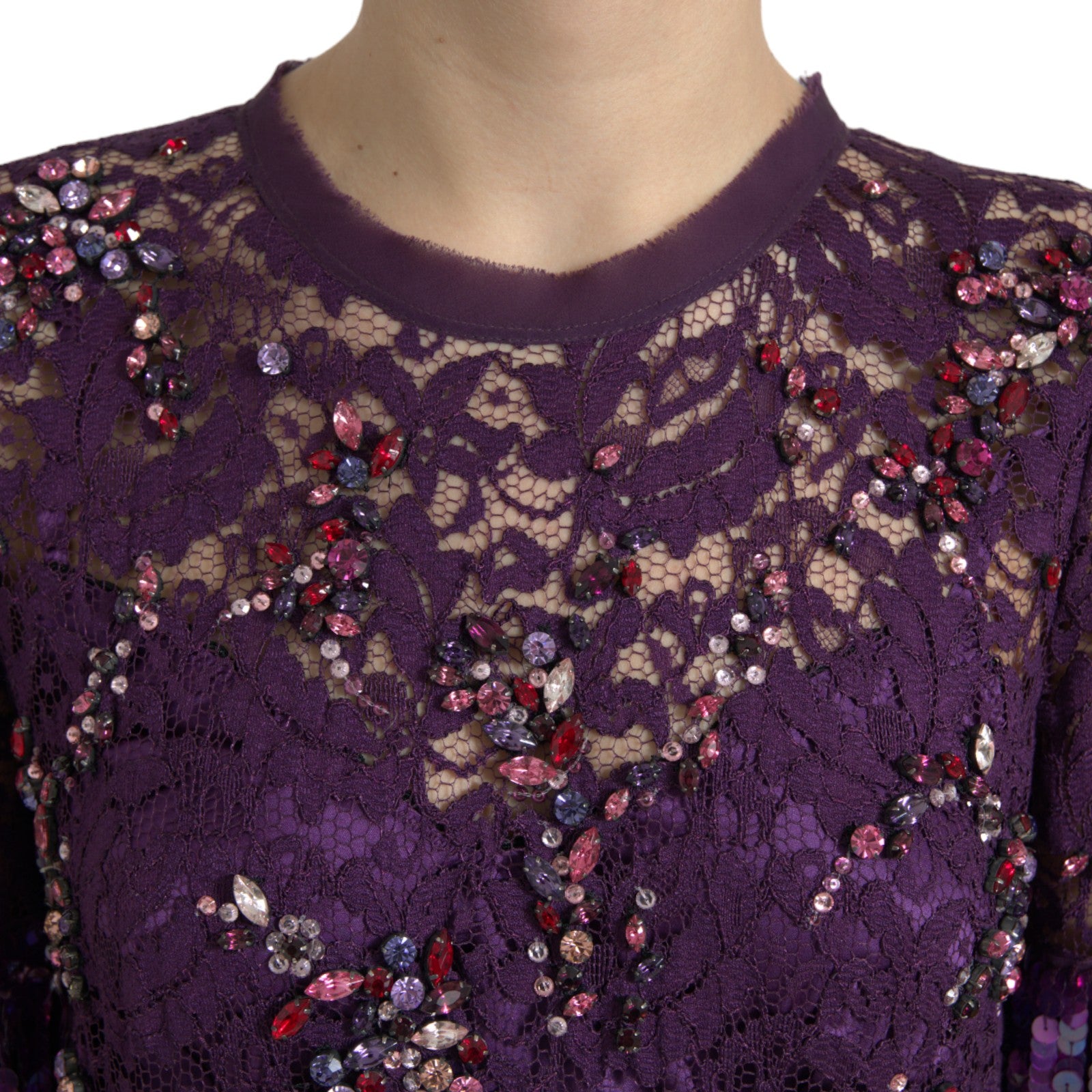 Dolce & Gabbana Lilac Floral Lace Crystal Embossed Dress-5