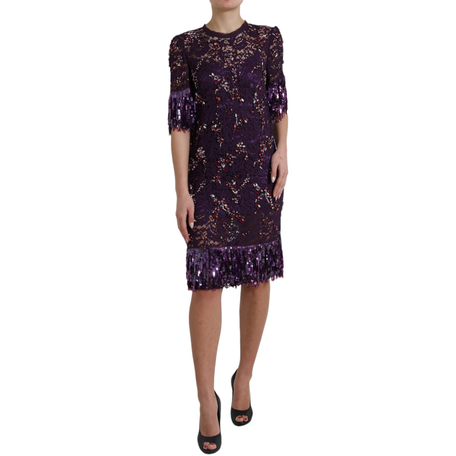 Dolce & Gabbana Lilac Floral Lace Crystal Embossed Dress-4