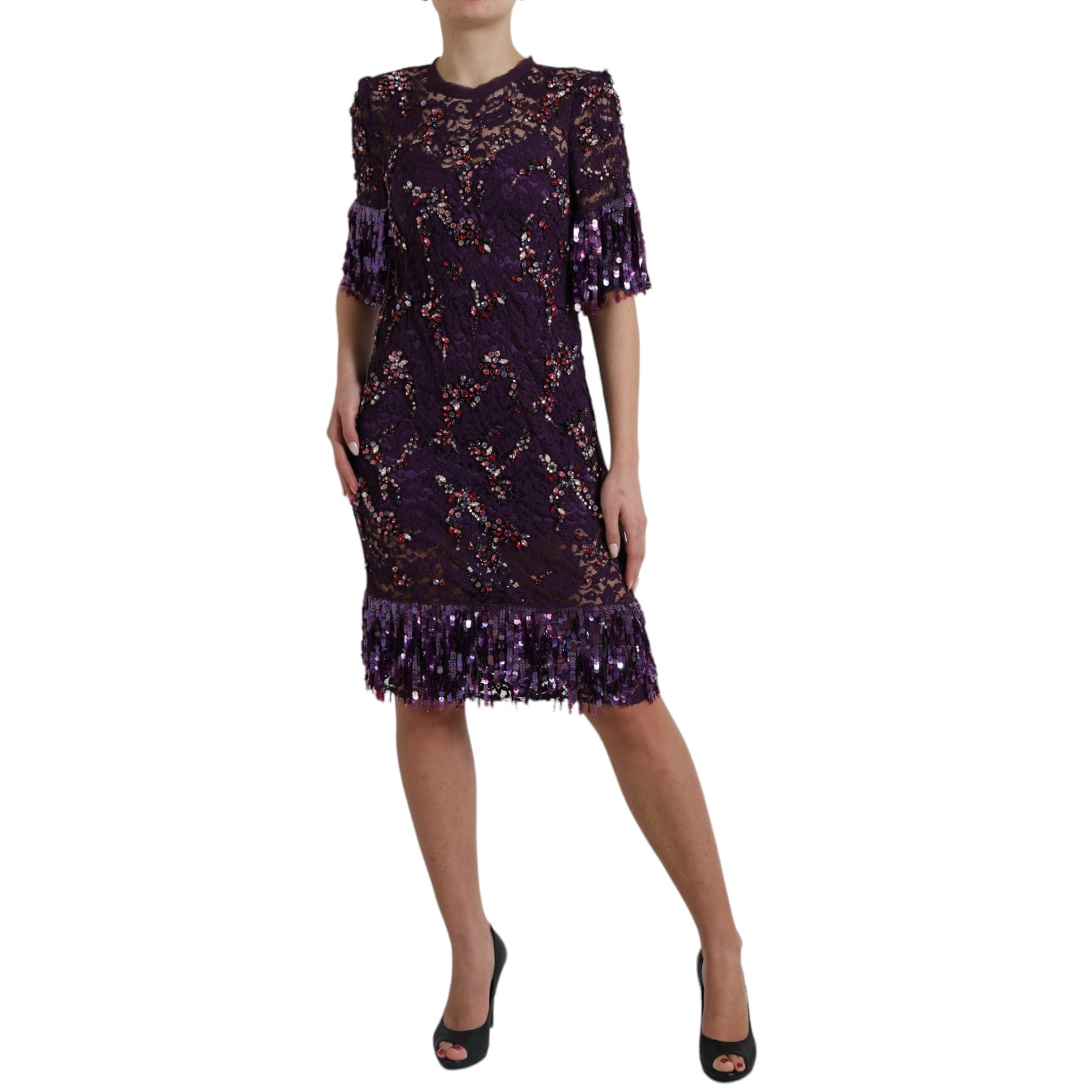 Dolce & Gabbana Lilac Floral Lace Crystal Embossed Dress-3