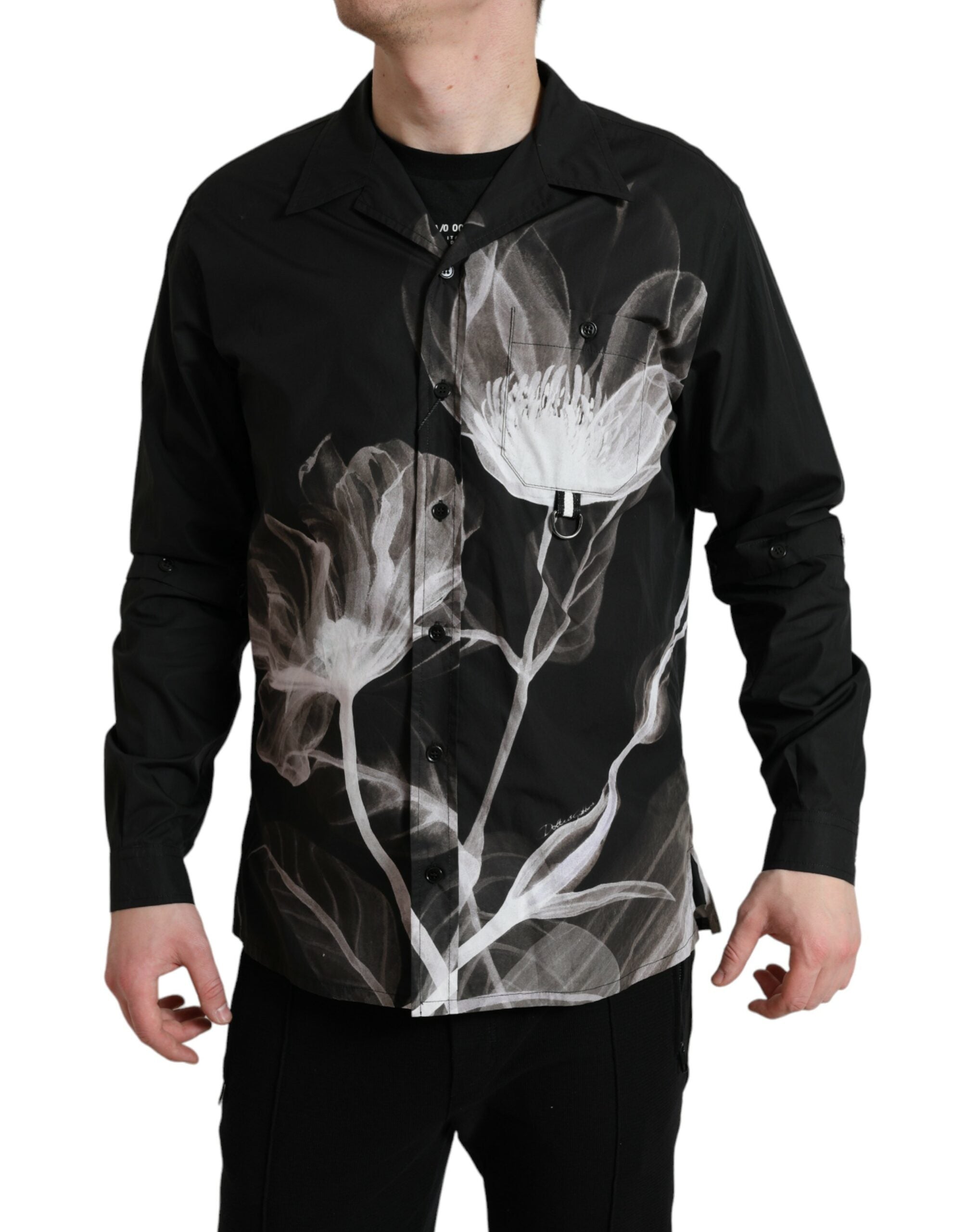 Dolce & Gabbana Black Cotton Shirt with Floral Pattern and Long Sleeves for Men-1