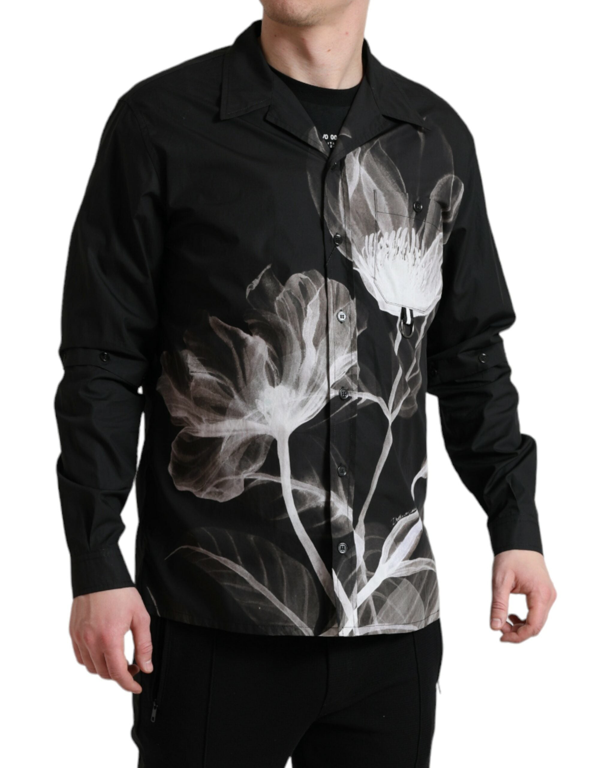 Dolce & Gabbana Black Cotton Shirt with Floral Pattern and Long Sleeves for Men-2