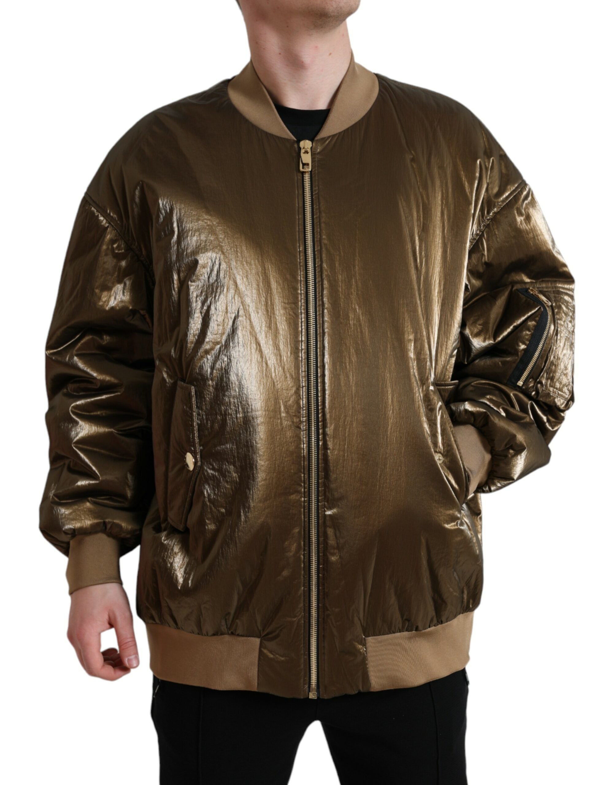 Dolce & Gabbana Bronze Nylon Full Zip Men's Bomber Jacket