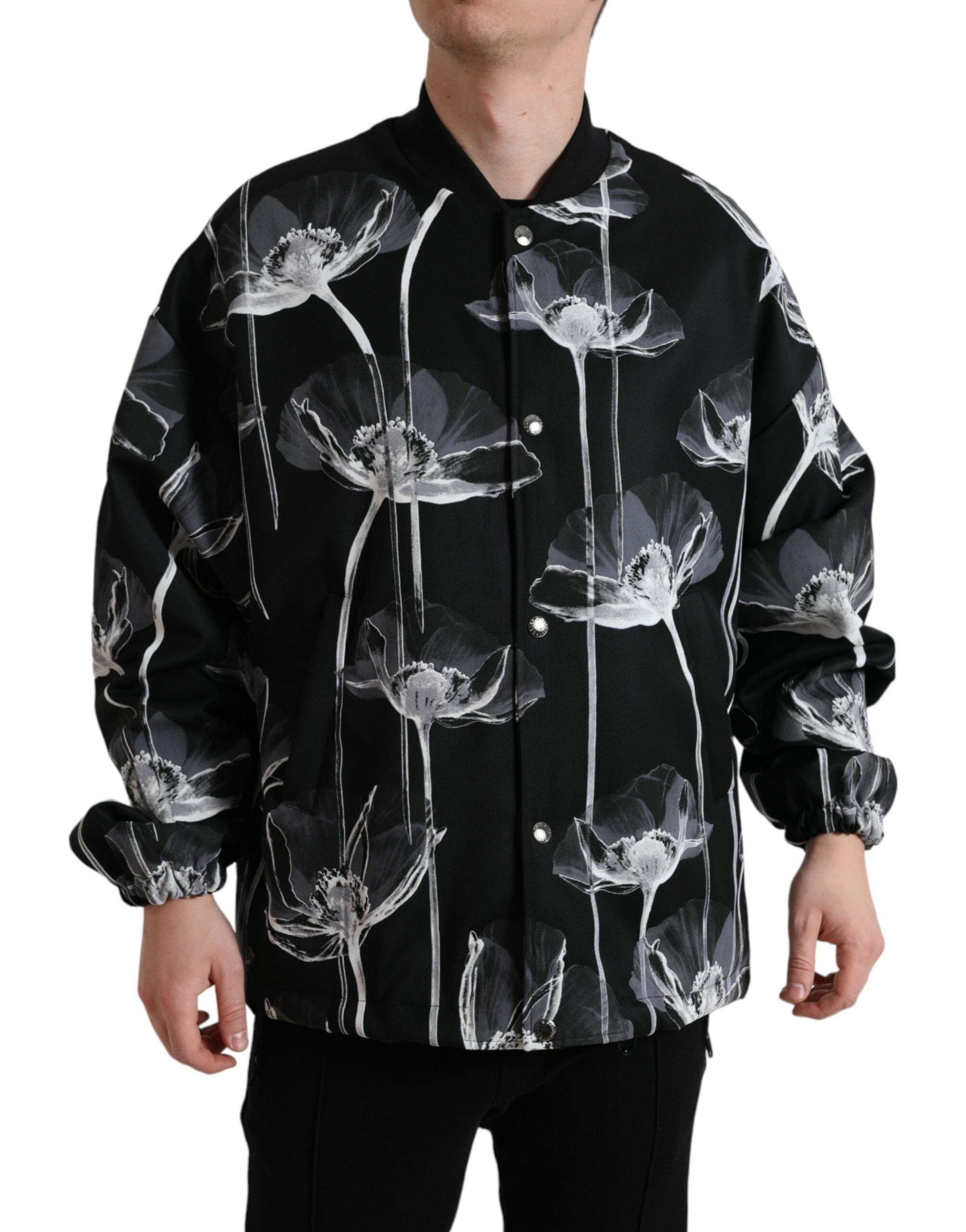 Dolce & Gabbana Black wool bomber jacket with floral print and button placket