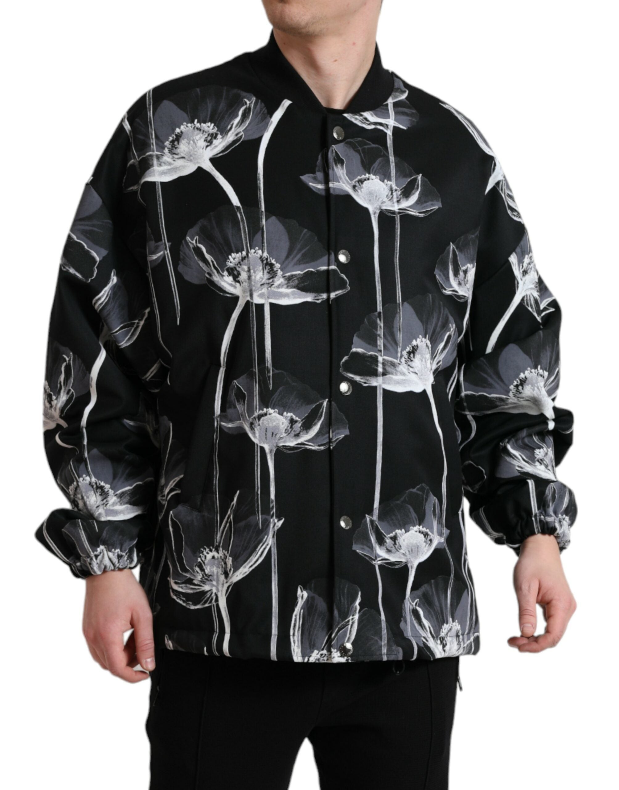 Dolce & Gabbana Black wool bomber jacket with floral print and button placket-2