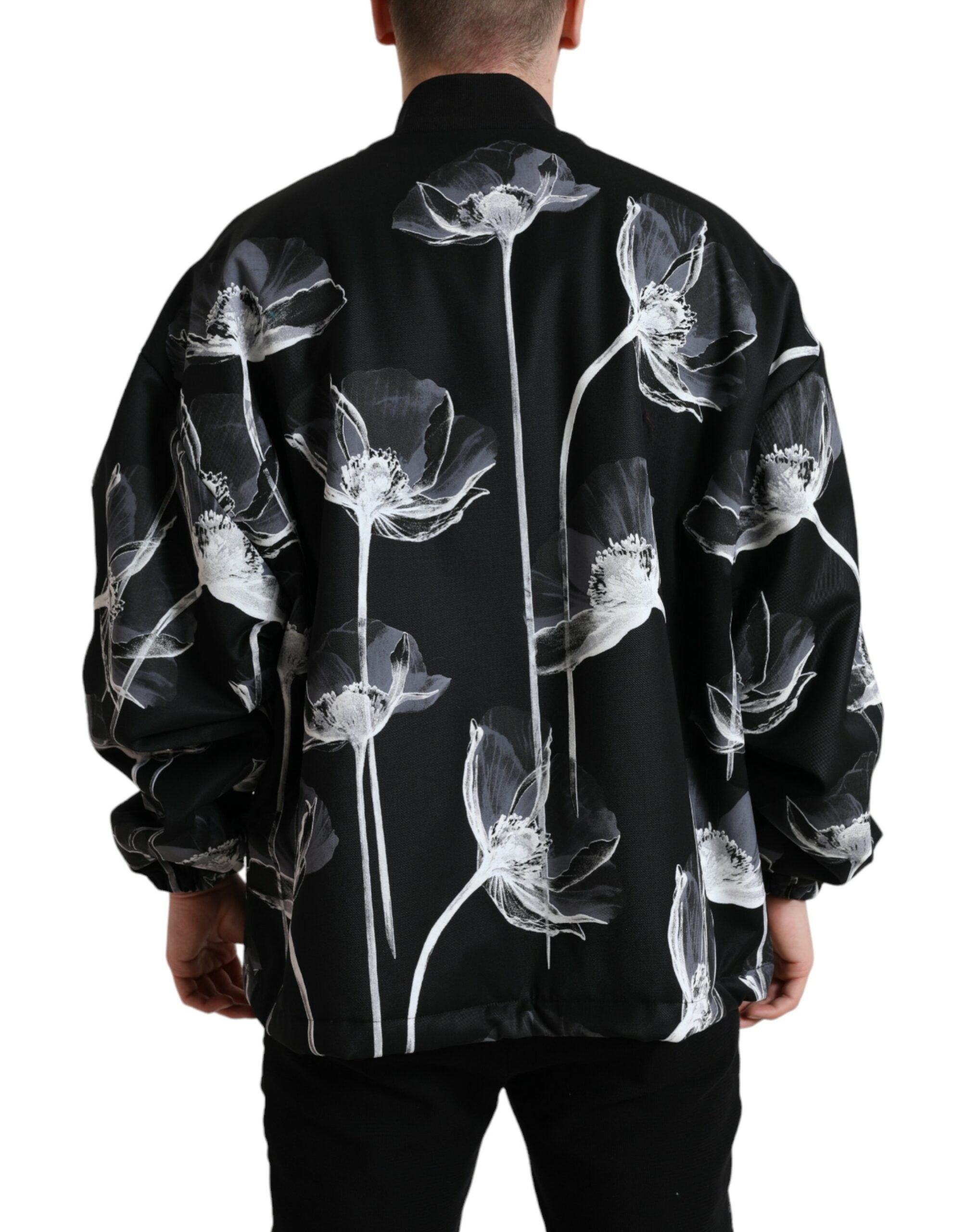 Dolce & Gabbana Black wool bomber jacket with floral print and button placket-3