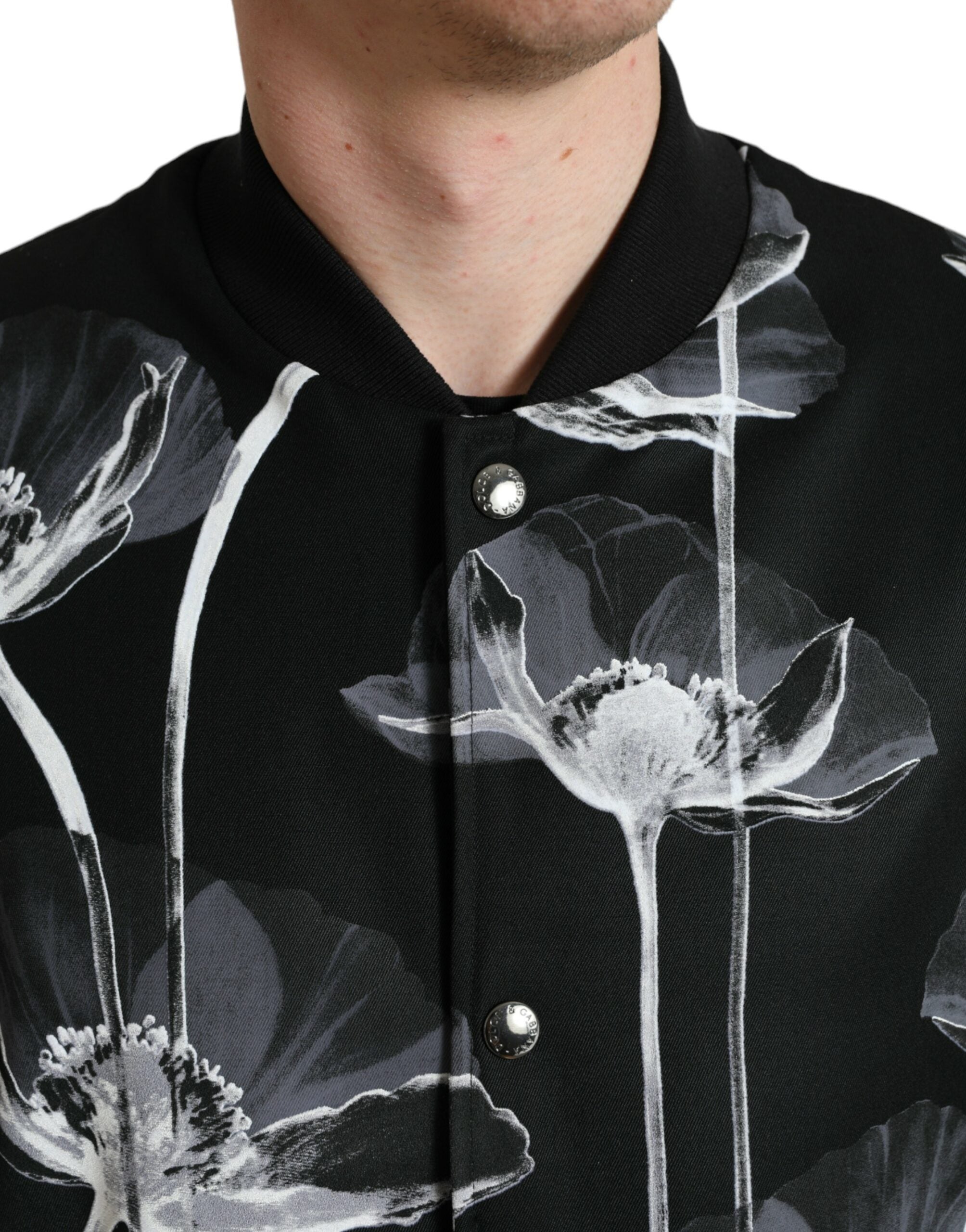 Dolce & Gabbana Black wool bomber jacket with floral print and button placket-4