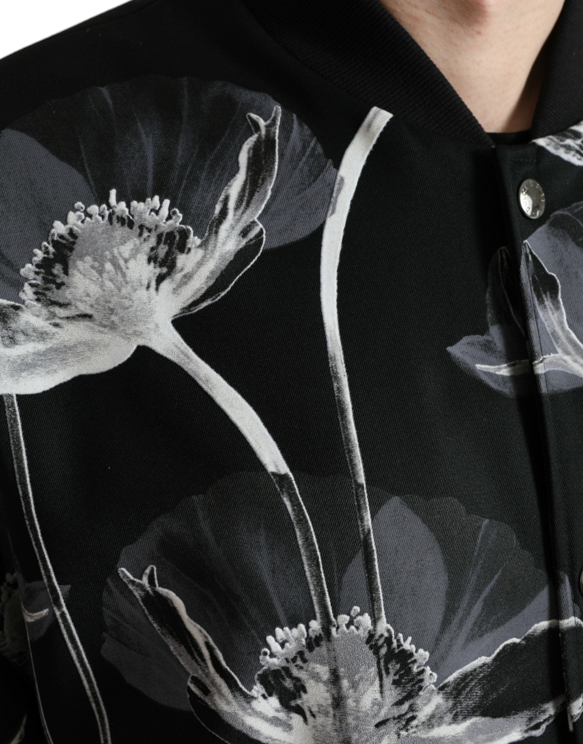 Dolce & Gabbana Black wool bomber jacket with floral print and button placket-5