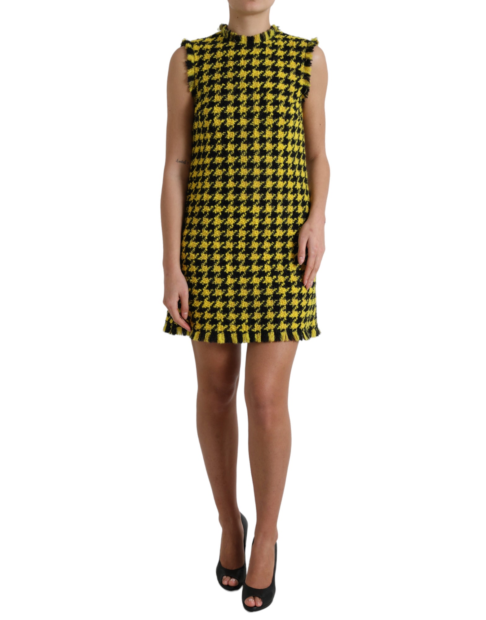 Dolce & Gabbana Yellow sleeveless A-line mini dress with houndstooth pattern-1