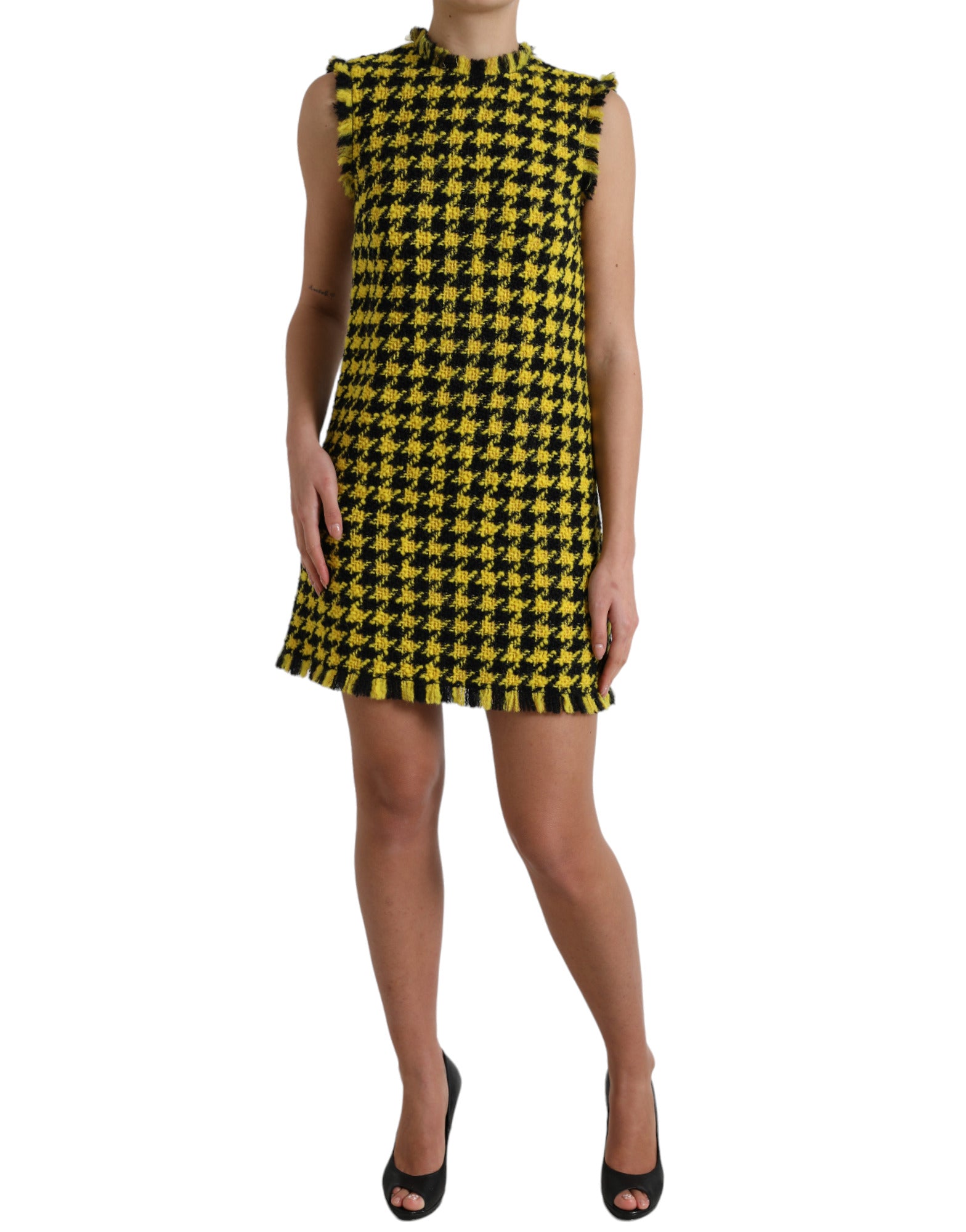 Dolce & Gabbana Yellow sleeveless A-line mini dress with houndstooth pattern-2