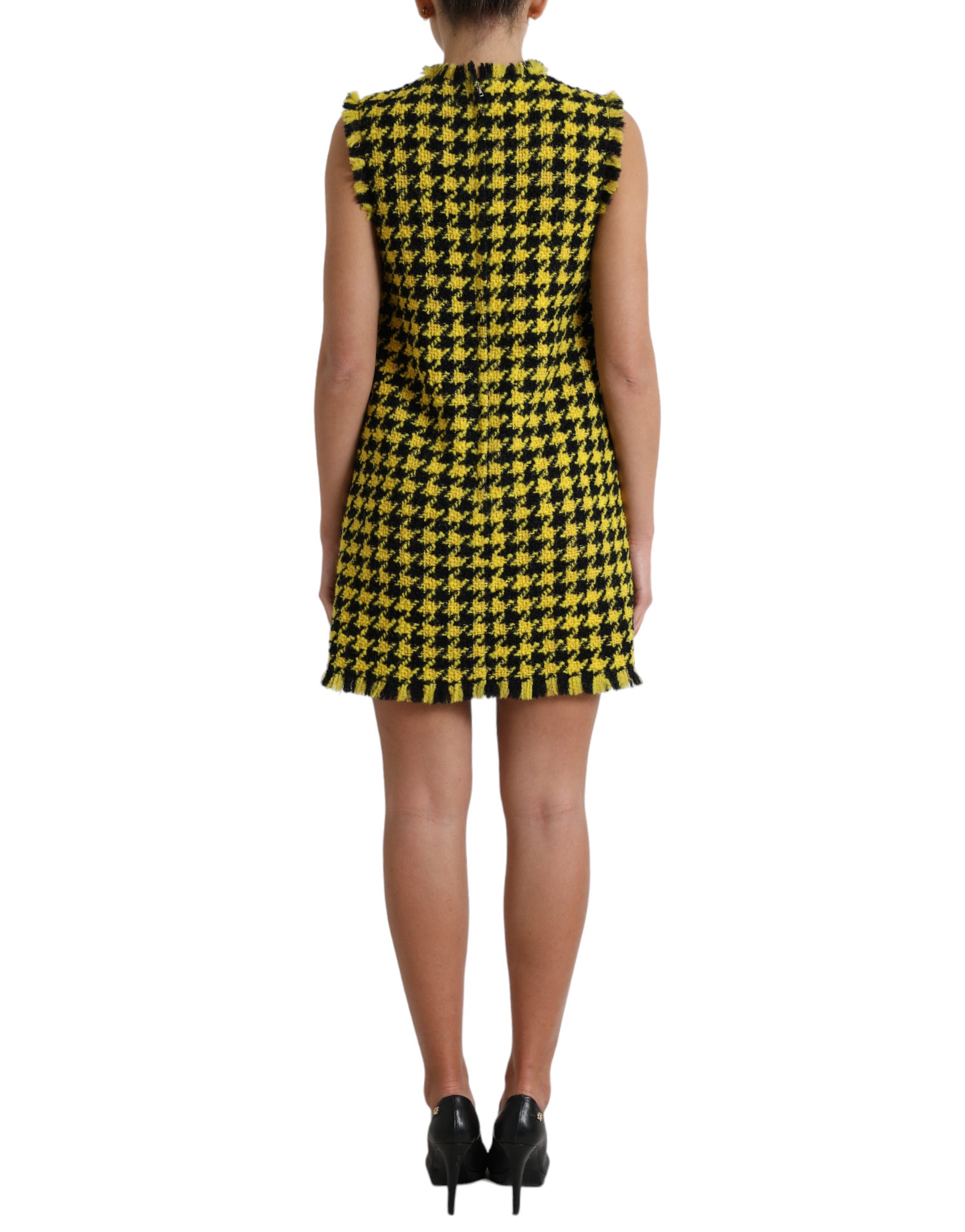 Dolce & Gabbana Yellow sleeveless A-line mini dress with houndstooth pattern-3