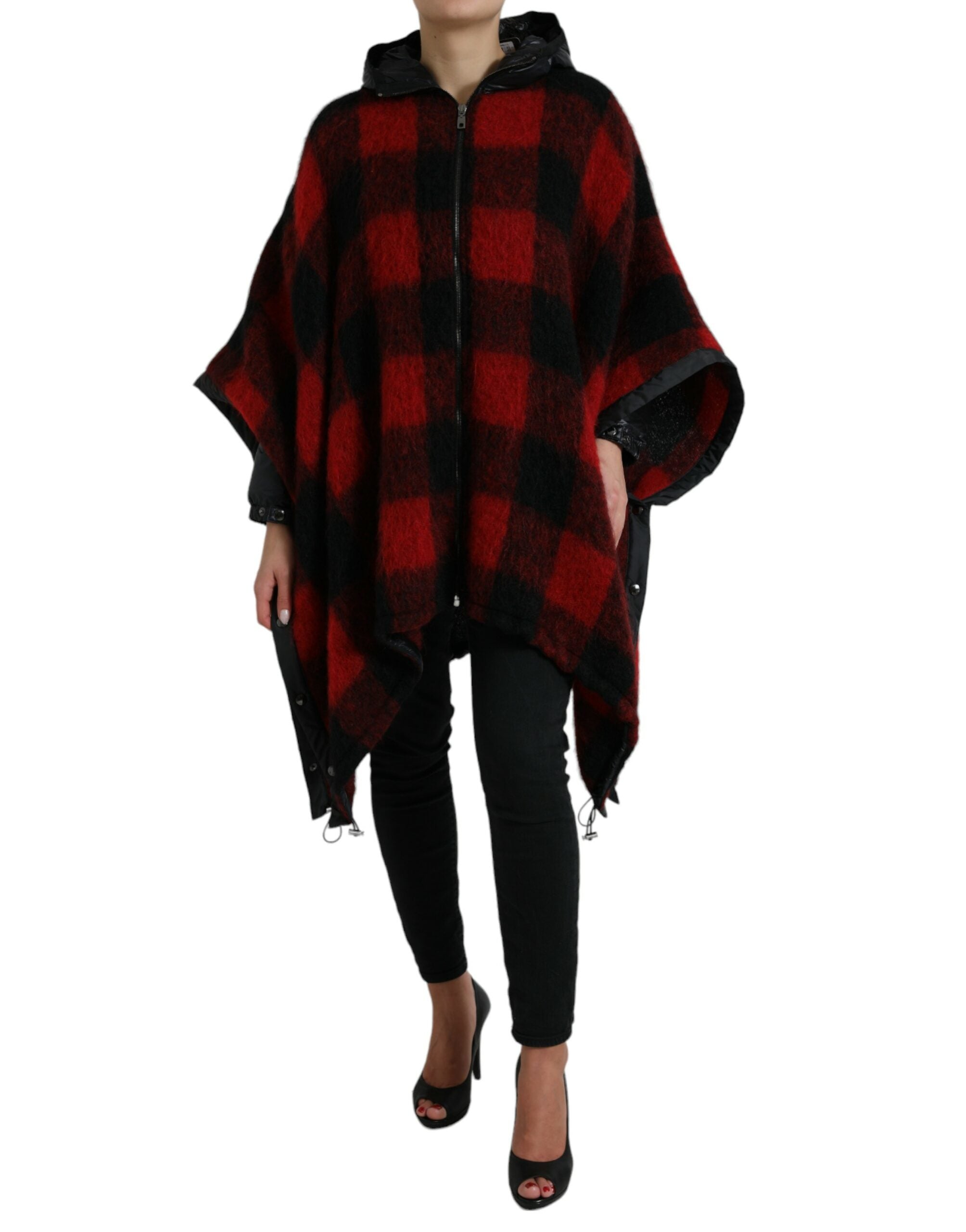Dolce & Gabbana Black and Red Buffalo Check Poncho Jacket with Hood
