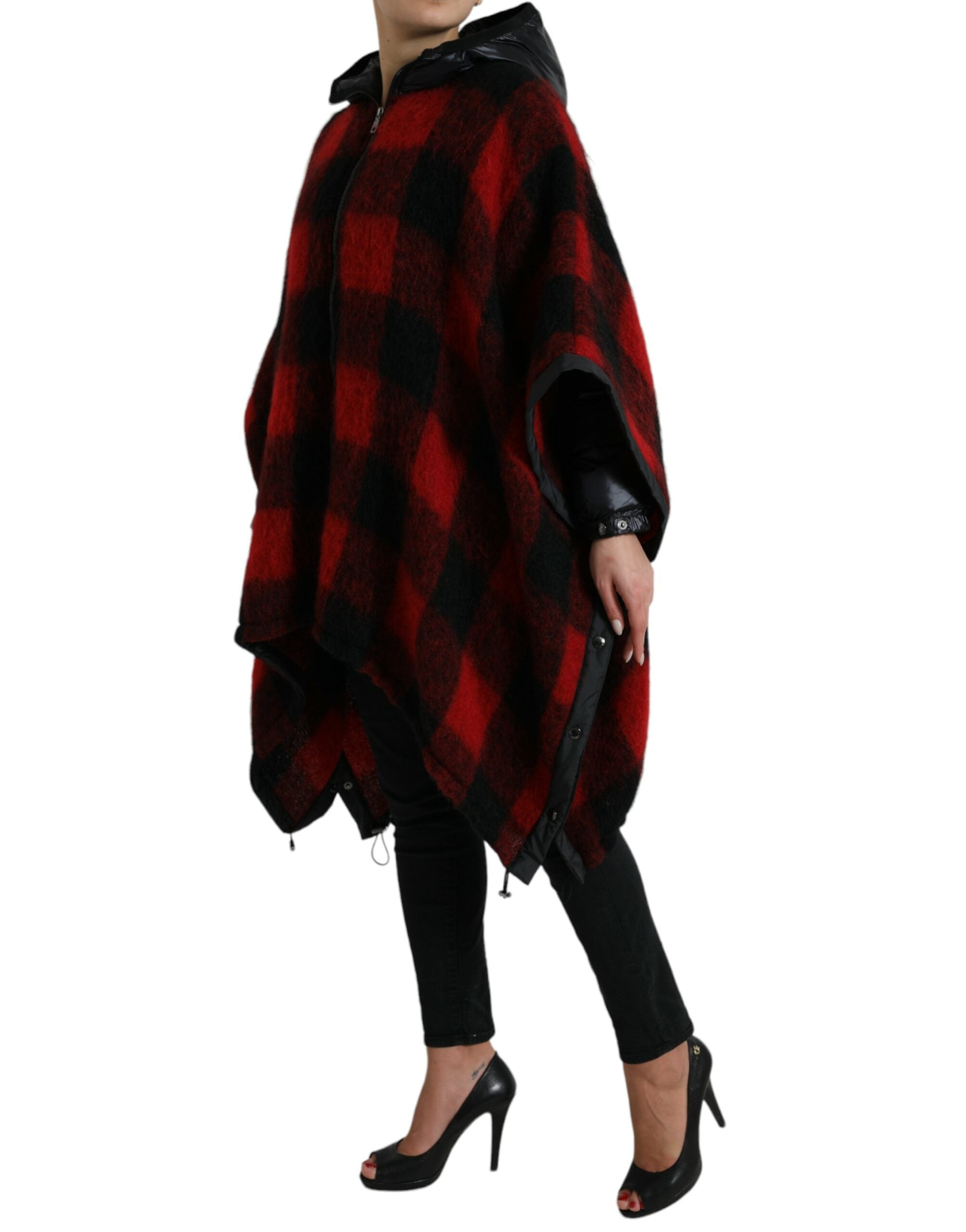 Dolce & Gabbana Black and Red Buffalo Check Poncho Jacket with Hood-2