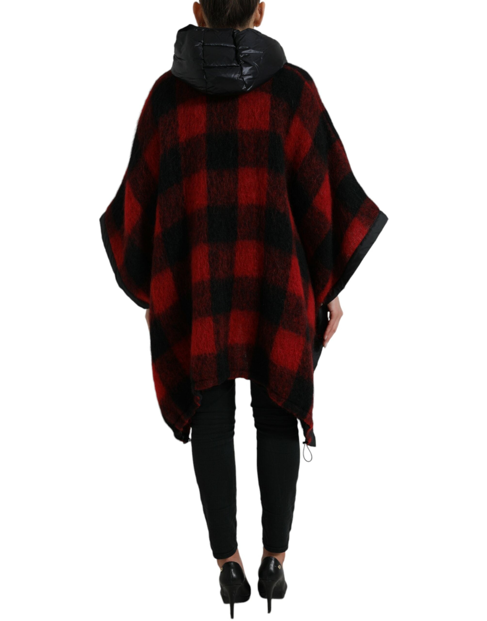 Dolce & Gabbana Black and Red Buffalo Check Poncho Jacket with Hood-3