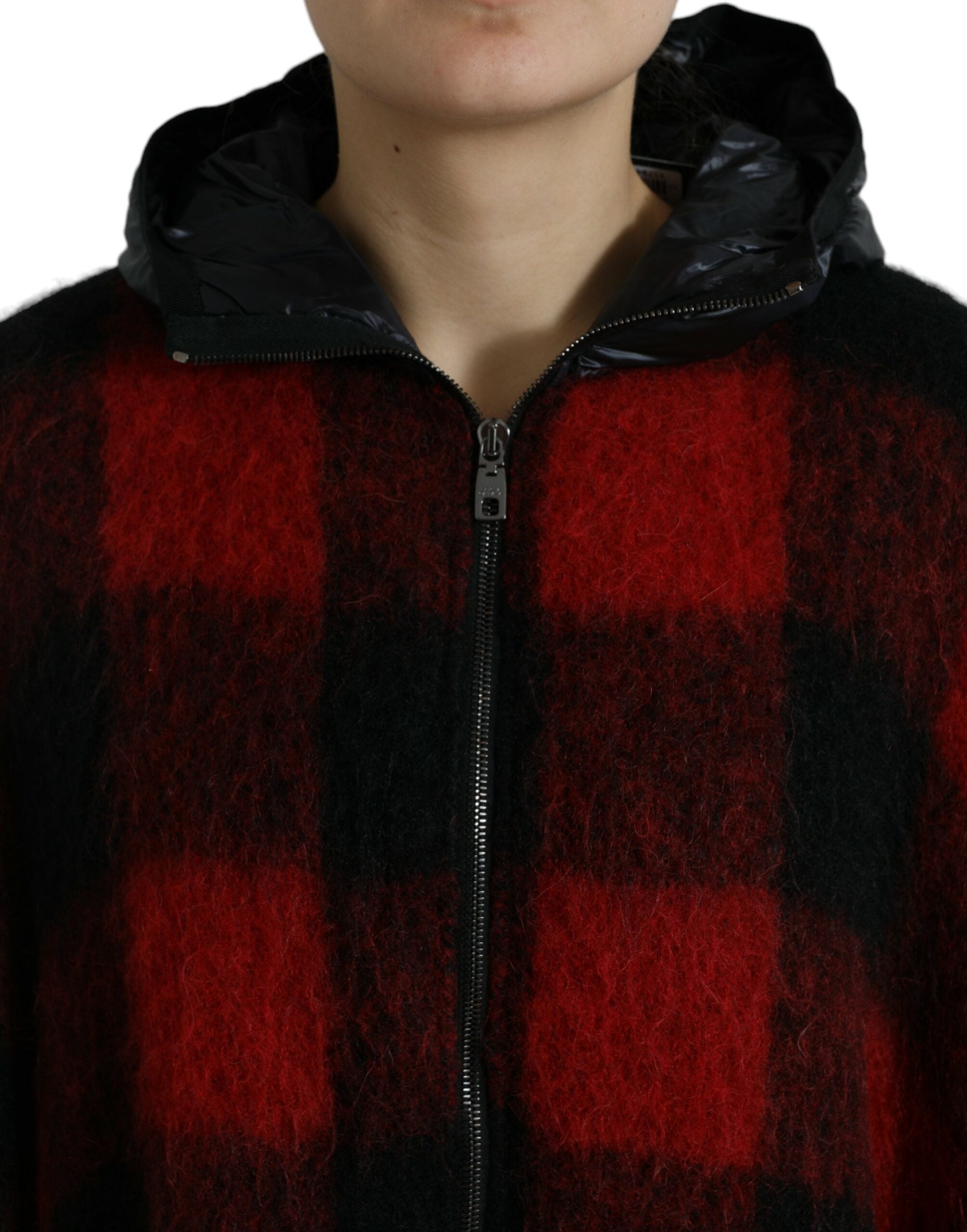Dolce & Gabbana Black and Red Buffalo Check Poncho Jacket with Hood-4
