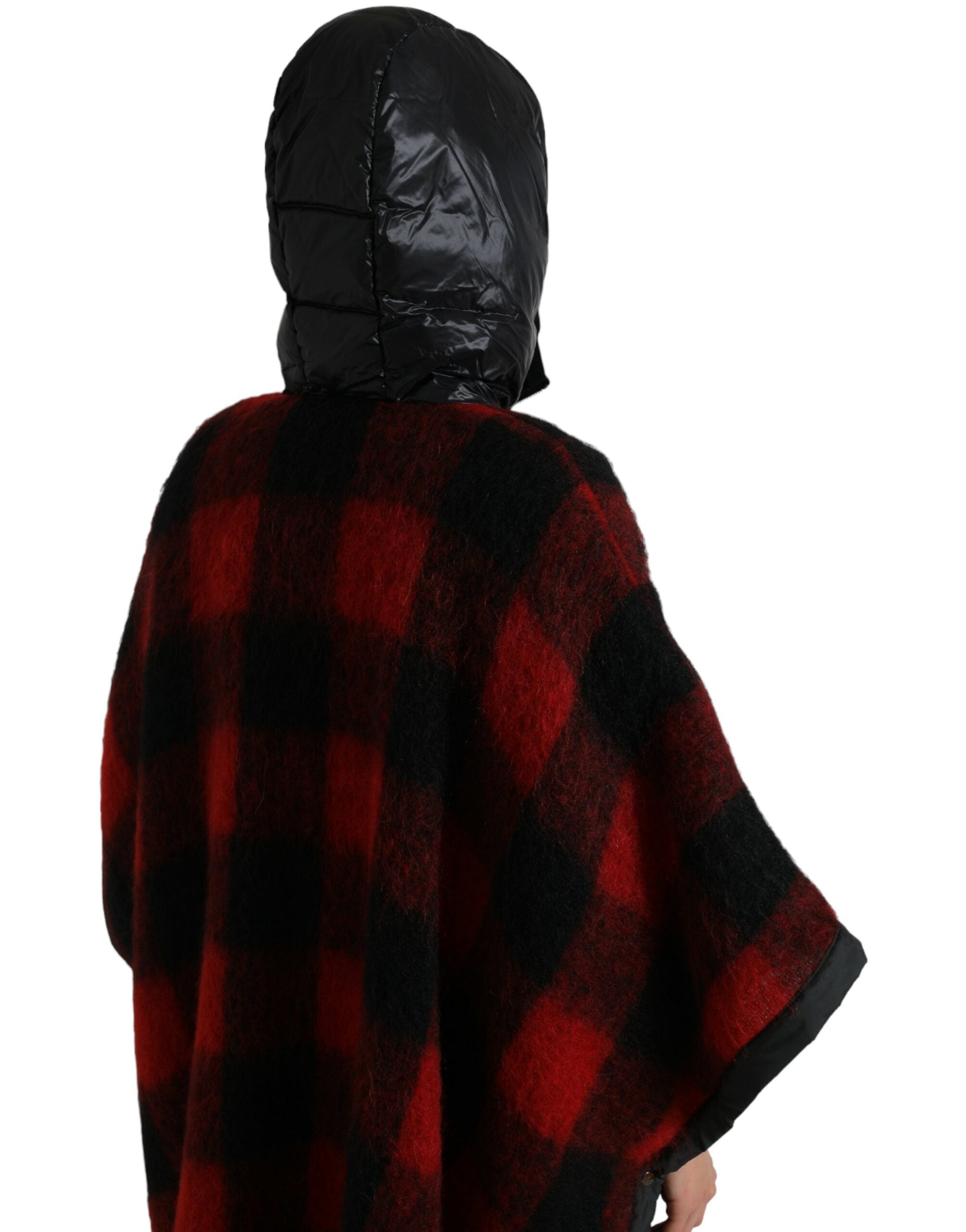 Dolce & Gabbana Black and Red Buffalo Check Poncho Jacket with Hood-6