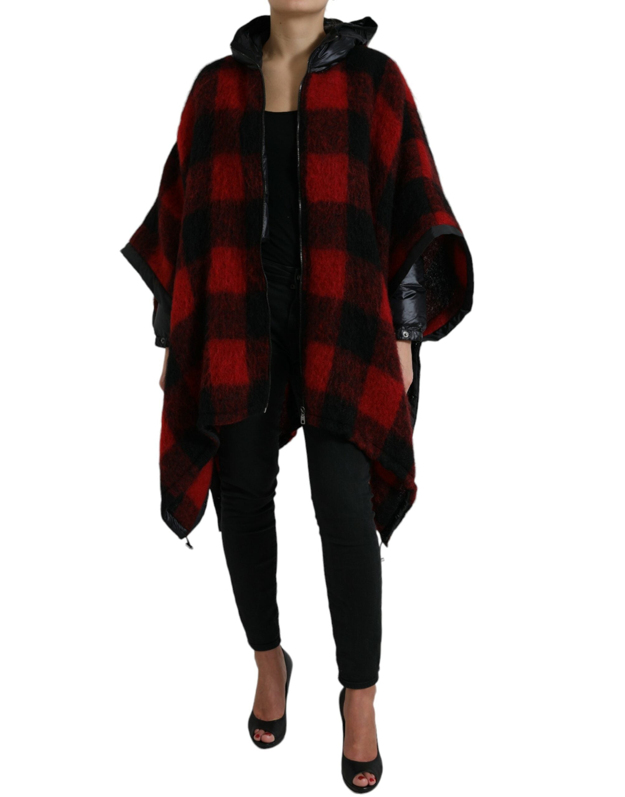 Dolce & Gabbana Black and Red Buffalo Check Poncho Jacket with Hood-7