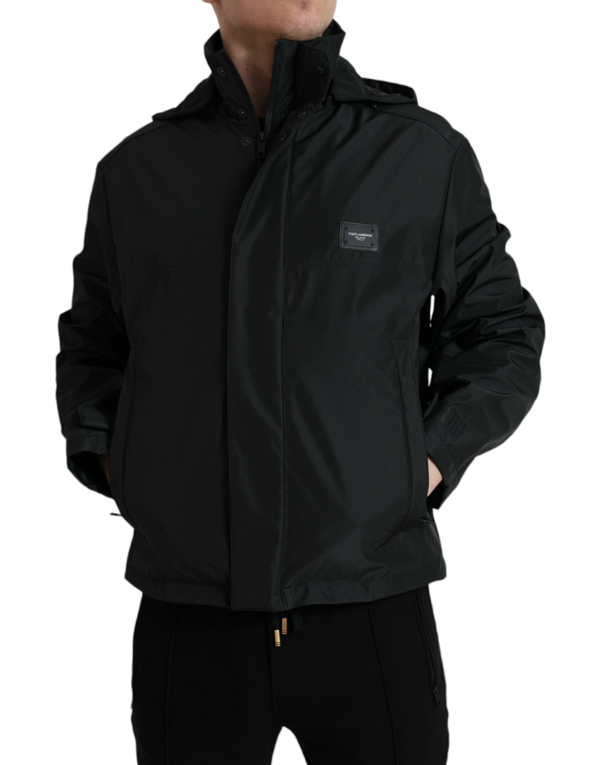 Dolce & Gabbana Black Polyester Logo Plaque Hooded Jacket-2