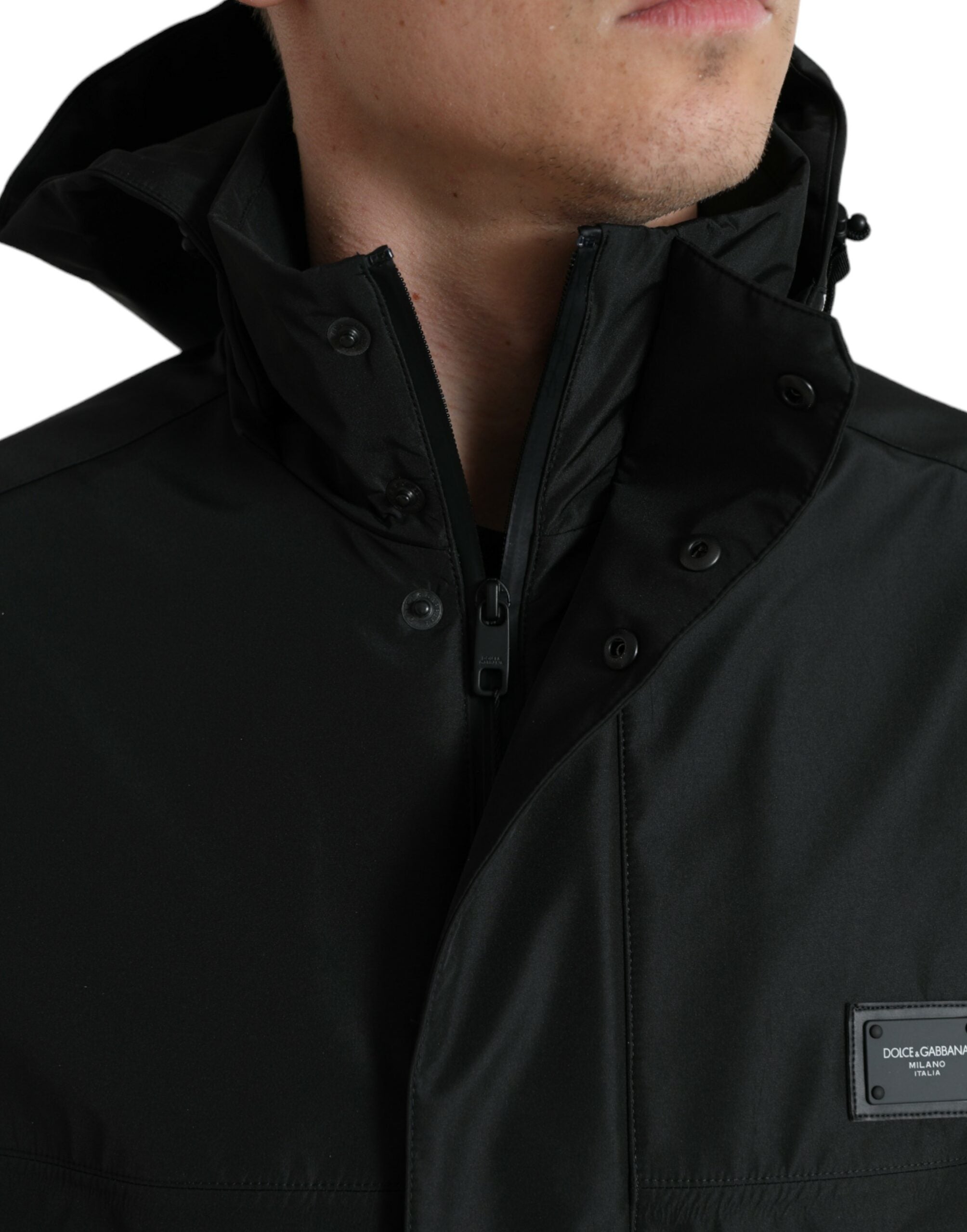 Dolce & Gabbana Black Polyester Logo Plaque Hooded Jacket-4