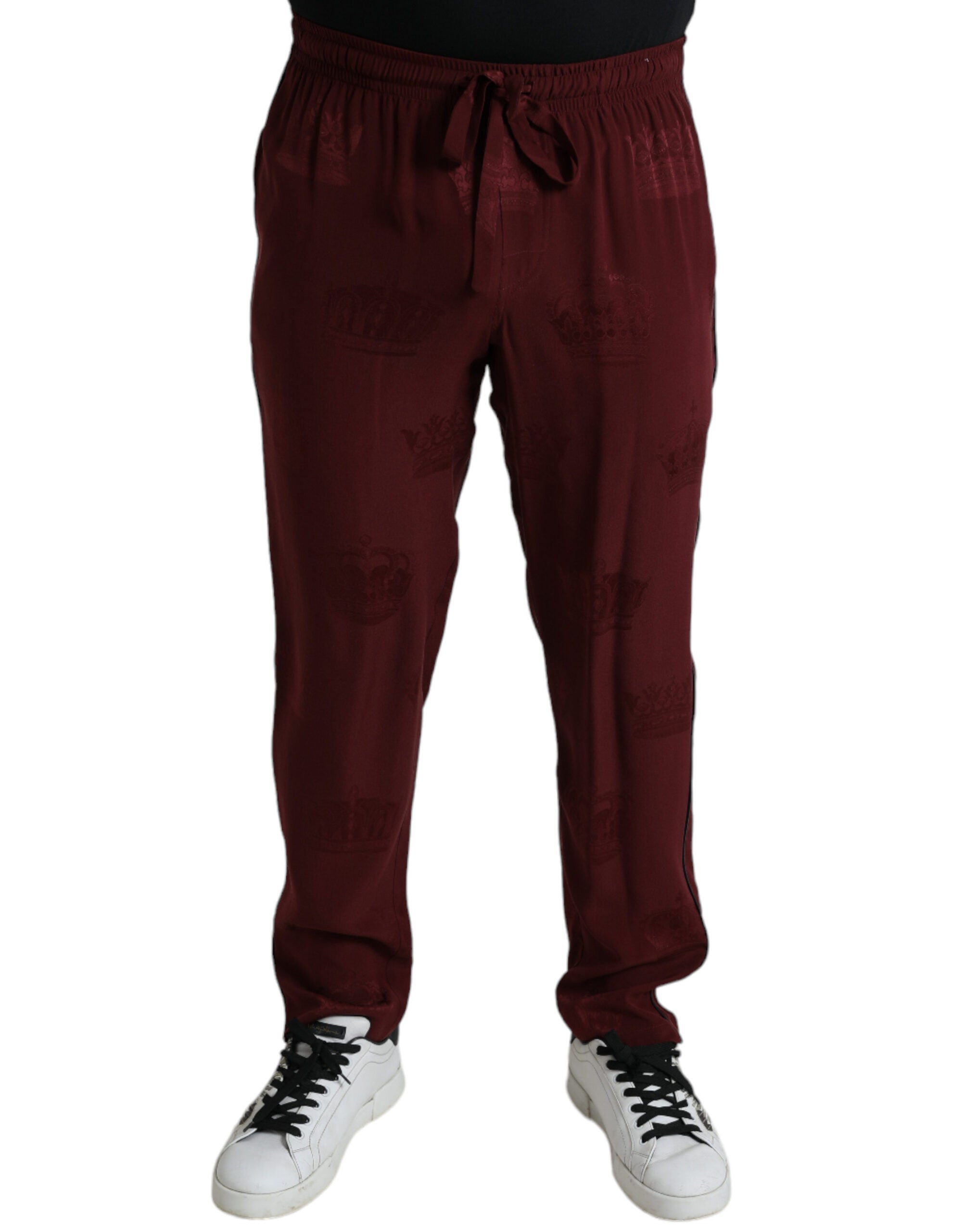 Dolce & Gabbana Chestnut Brown Silk Pajama Pants with Crown Pattern-1