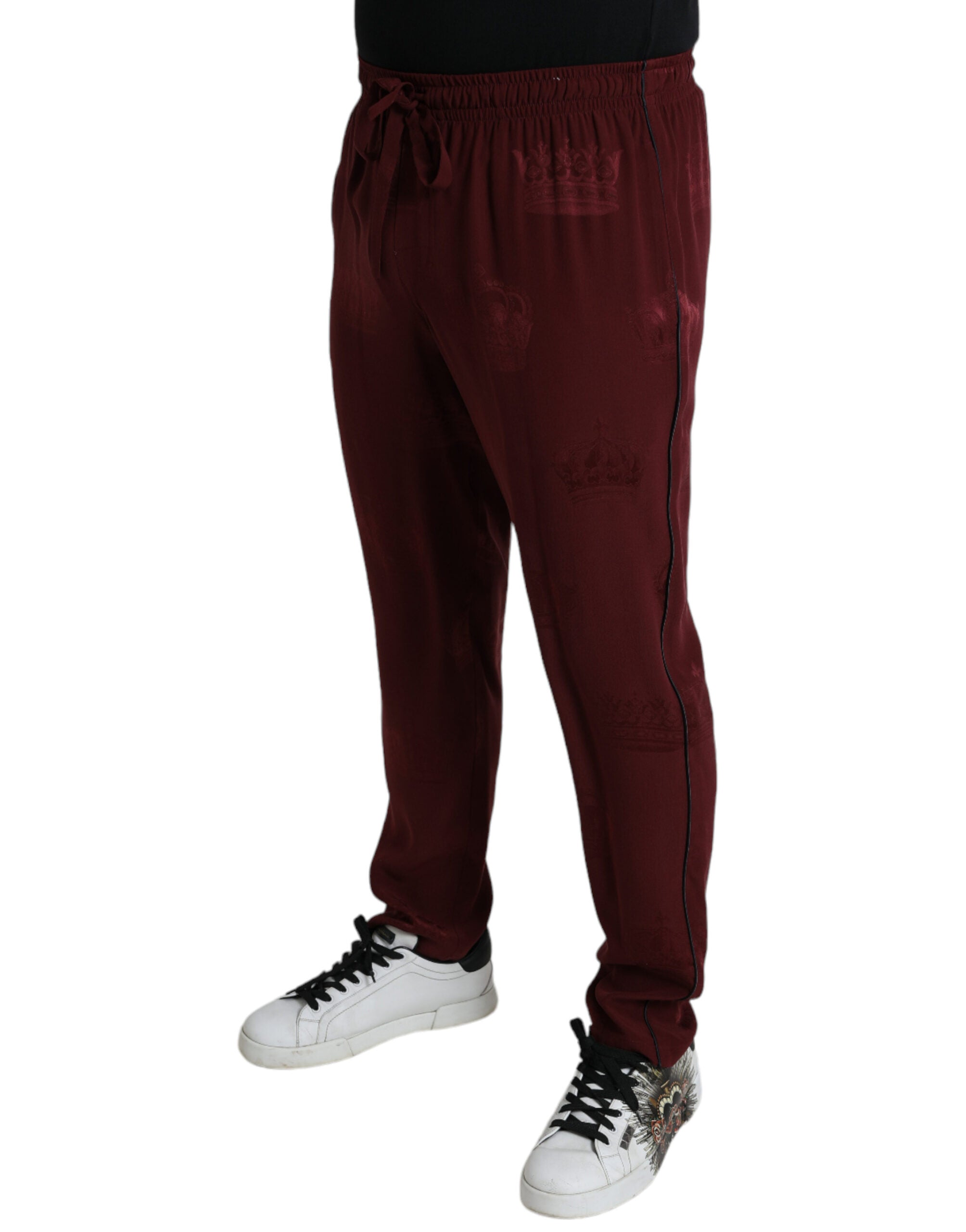 Dolce & Gabbana Chestnut Brown Silk Pajama Pants with Crown Pattern-3