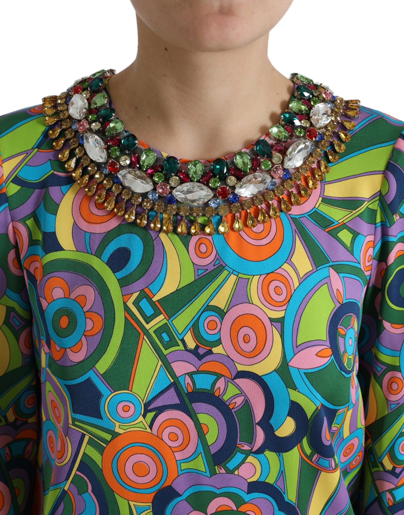 Dolce & Gabbana Multicolor Geometric Print Silk Crystal Midi Dress-4