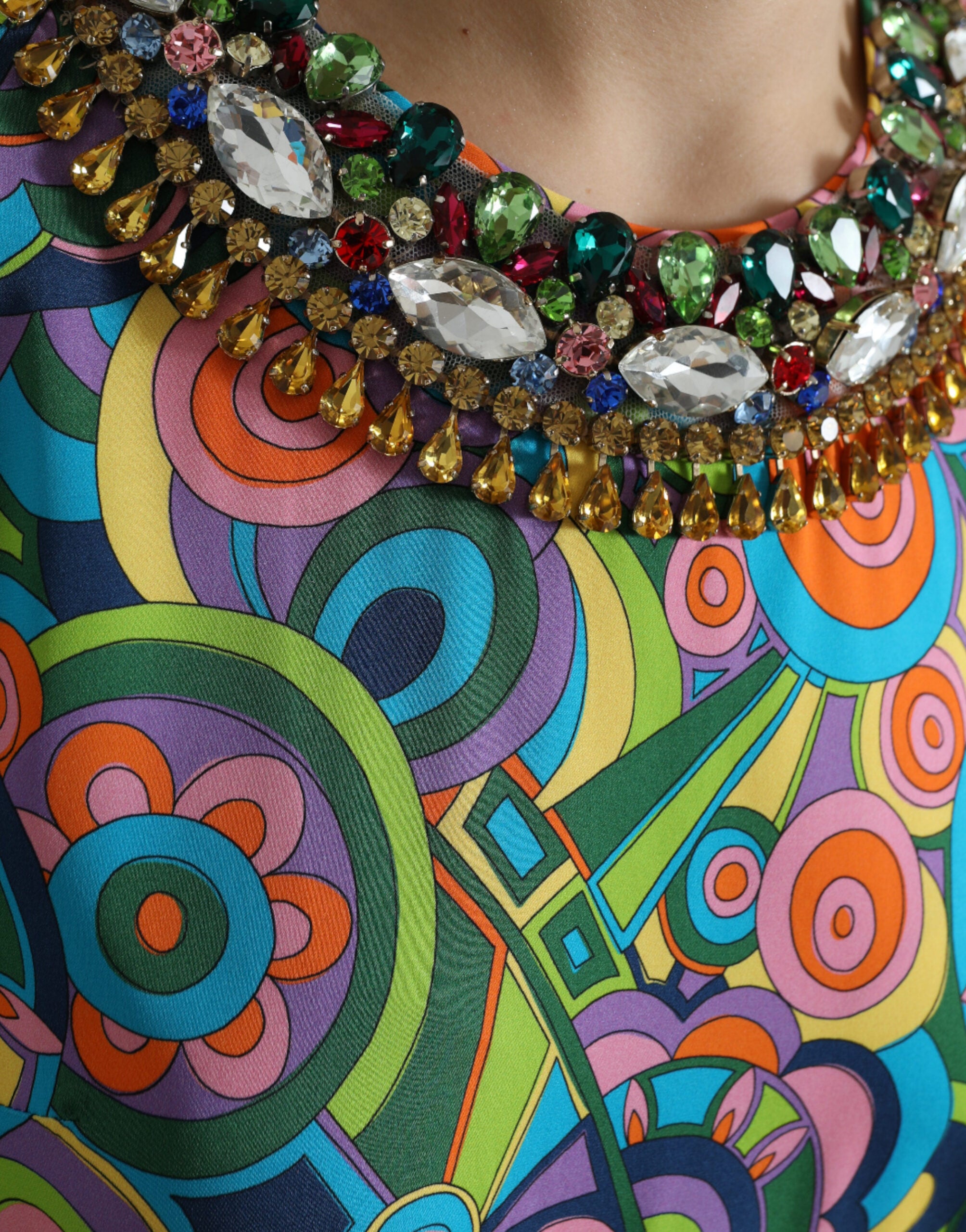 Dolce & Gabbana Multicolor Geometric Print Silk Crystal Midi Dress-5
