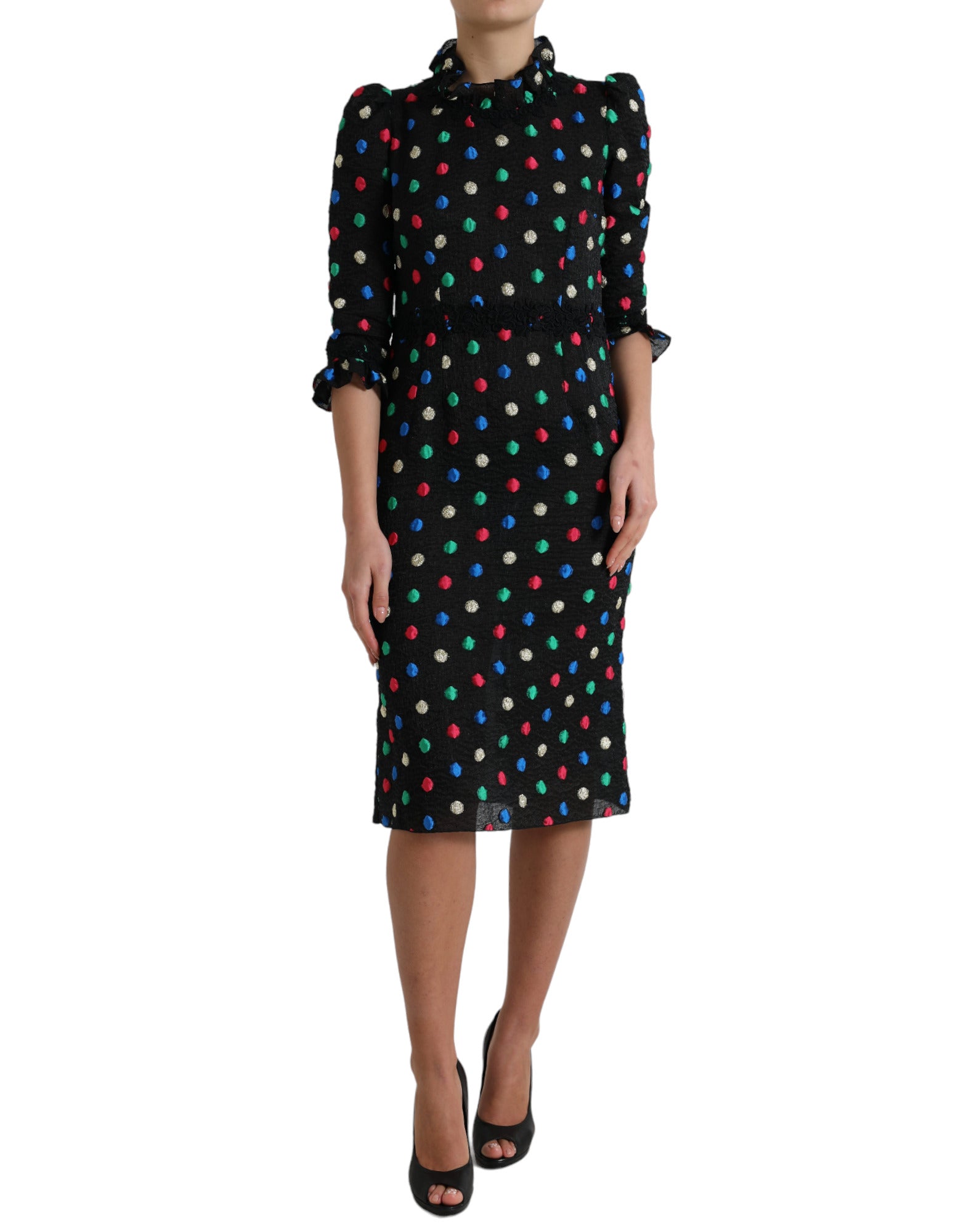 Dolce & Gabbana Schwarzes gepunktetes Midikleid mit Rüschen aus Baumwolle-1